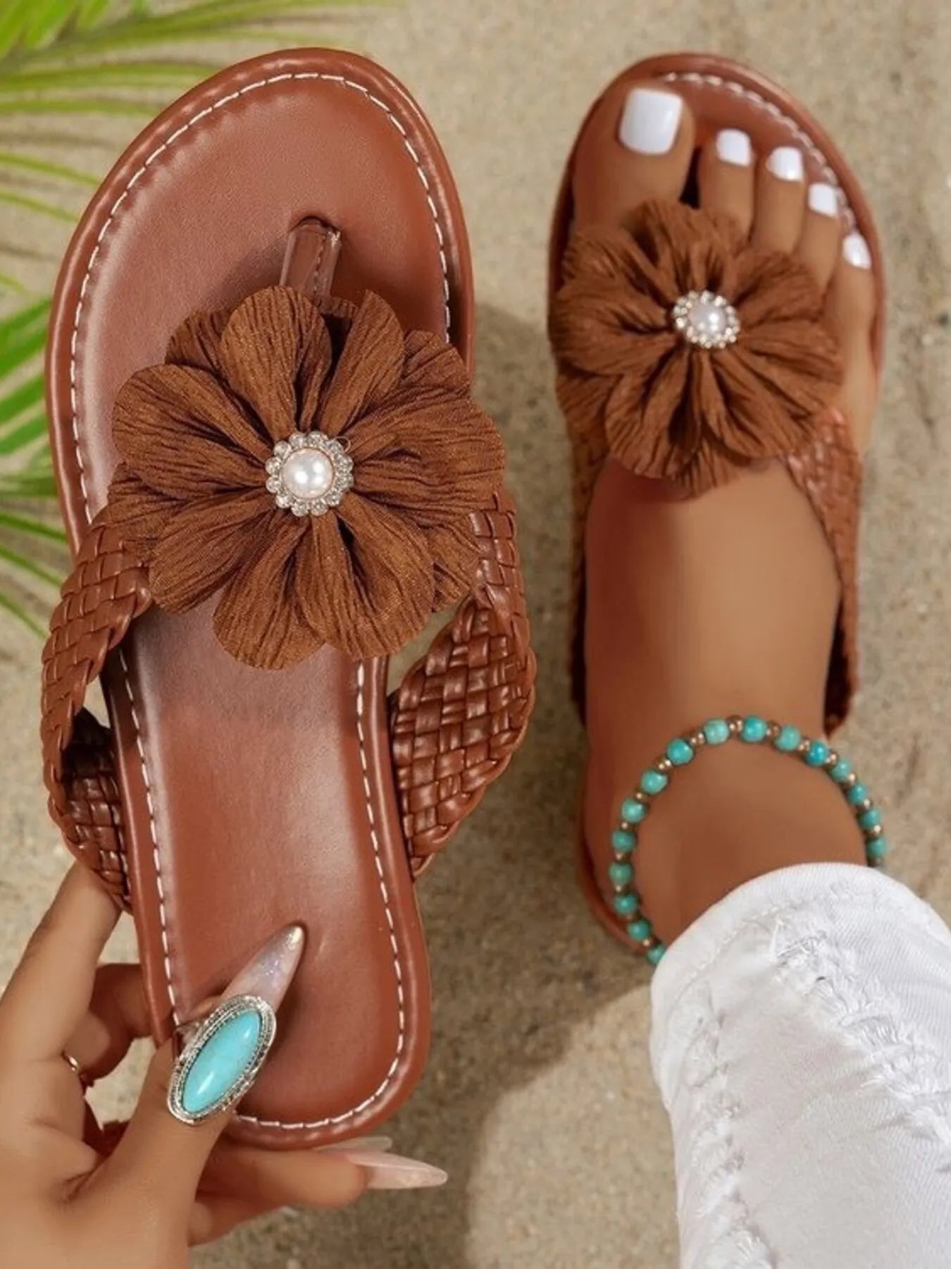 Flower Embellished Toe Post Sandals