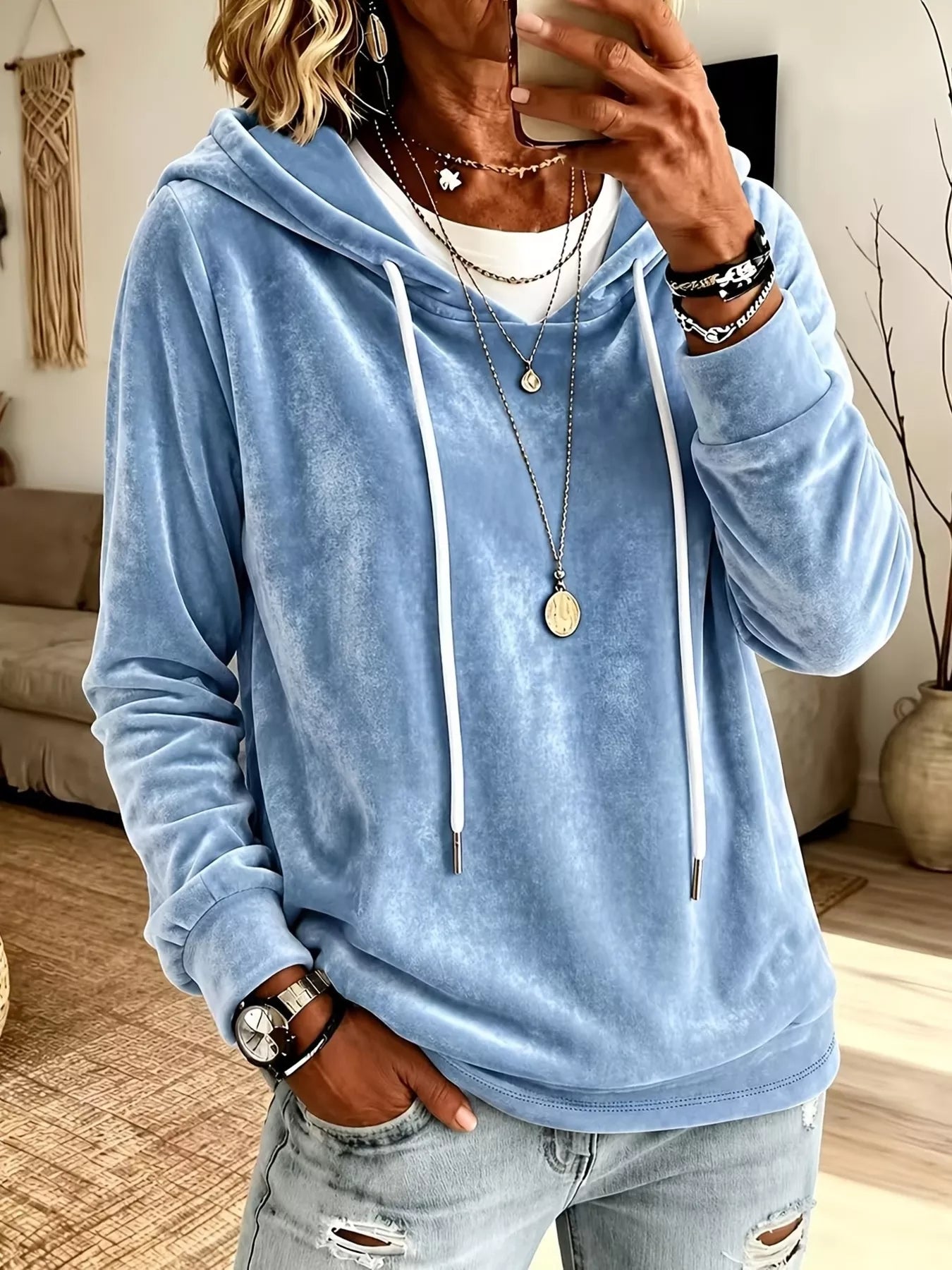 Full Size Drawstring Velvet Long Sleeve Hoodie Plus Size