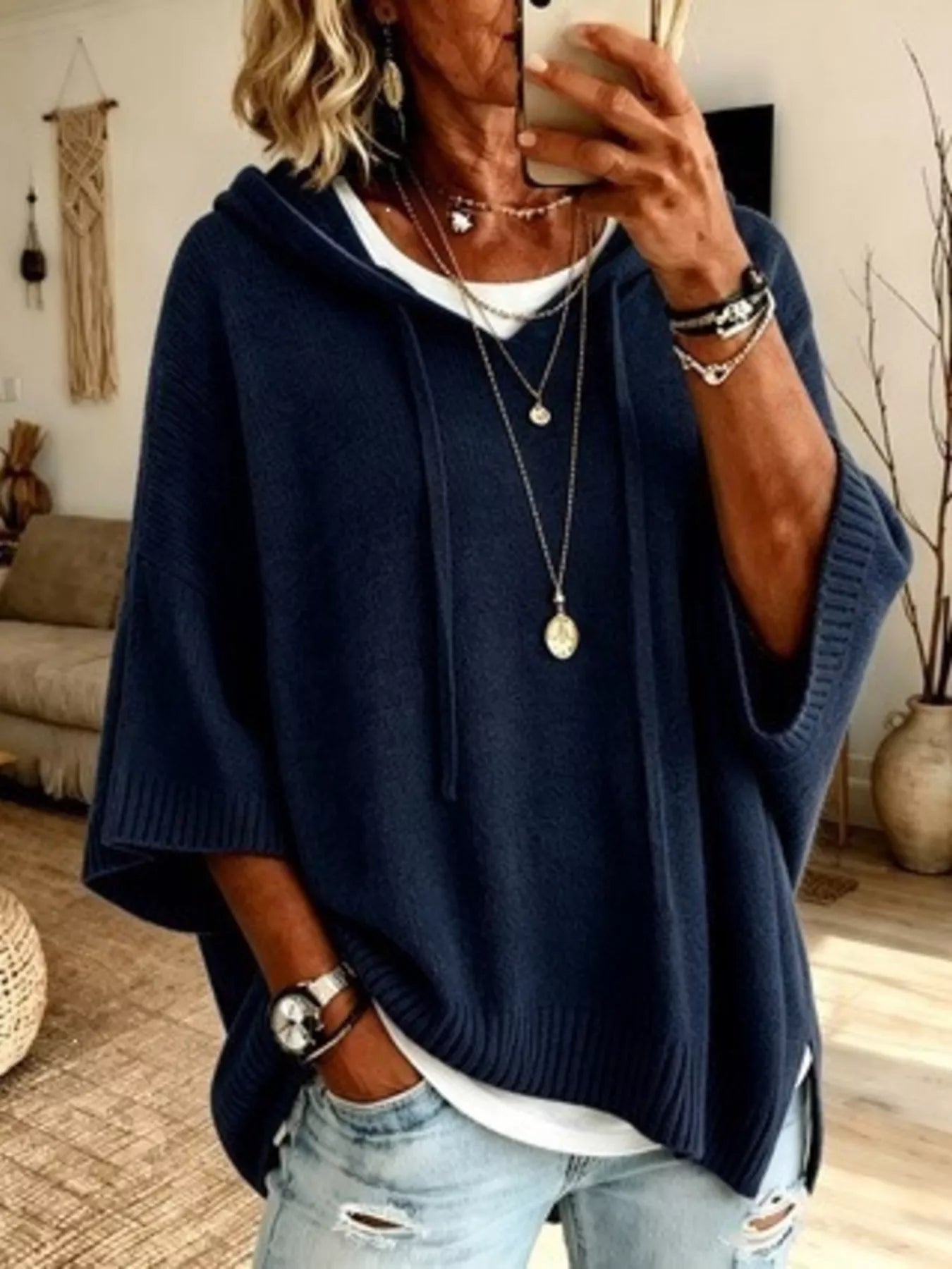 Full Size Casual Hooded Batwing Sleeve Knit Sweater Plus Size