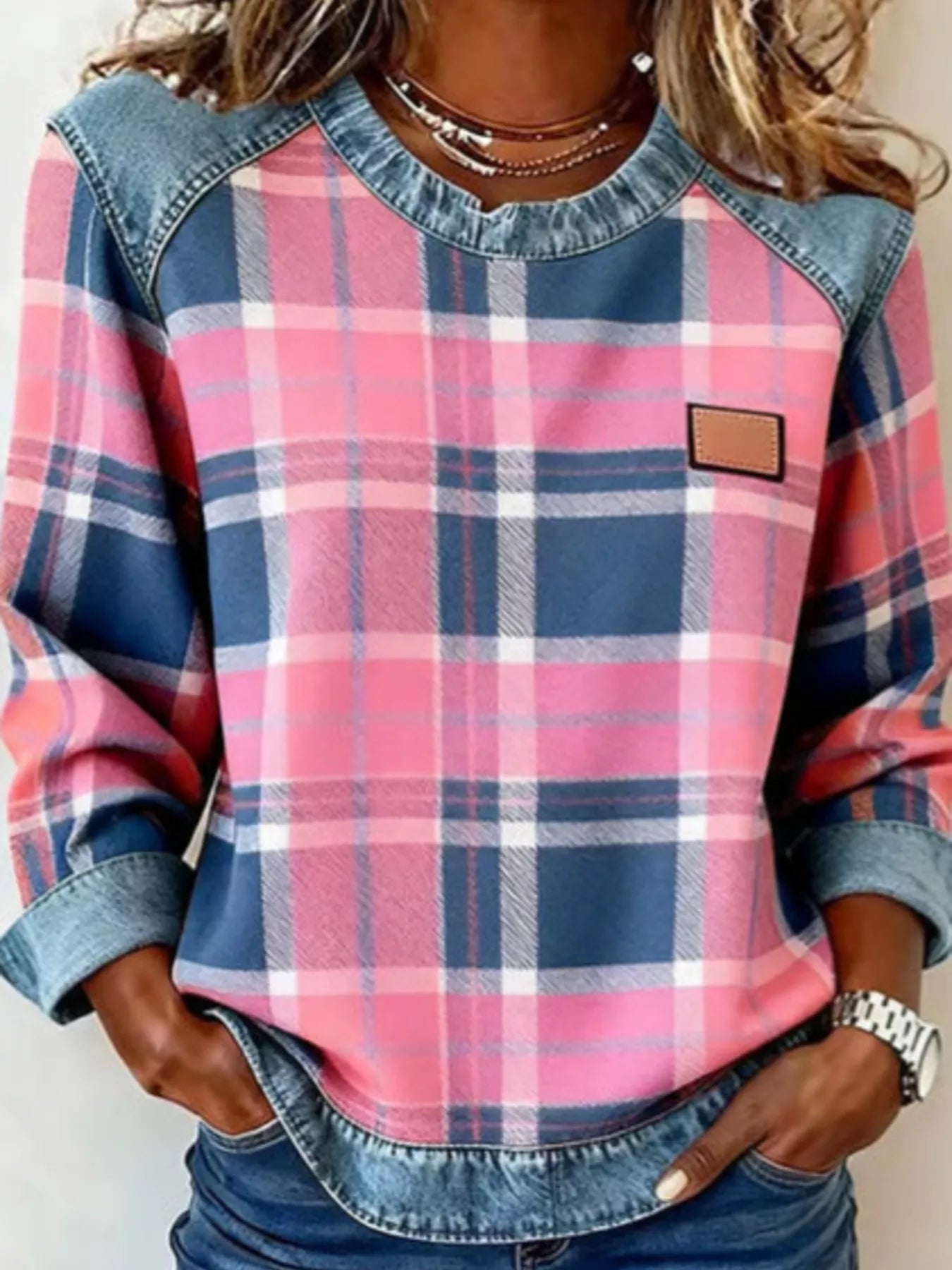 Full Size Plaid Denim Trim Long Sleeve Sweatshirt Plus Size