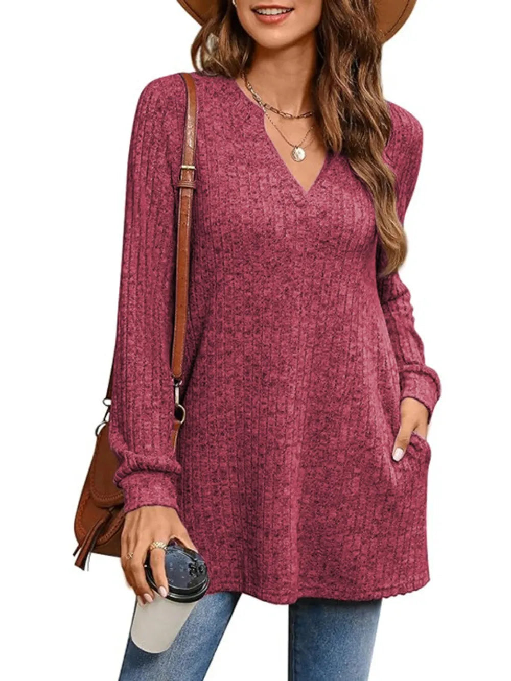 Ribbed Notched Long Sleeve T-Shirt