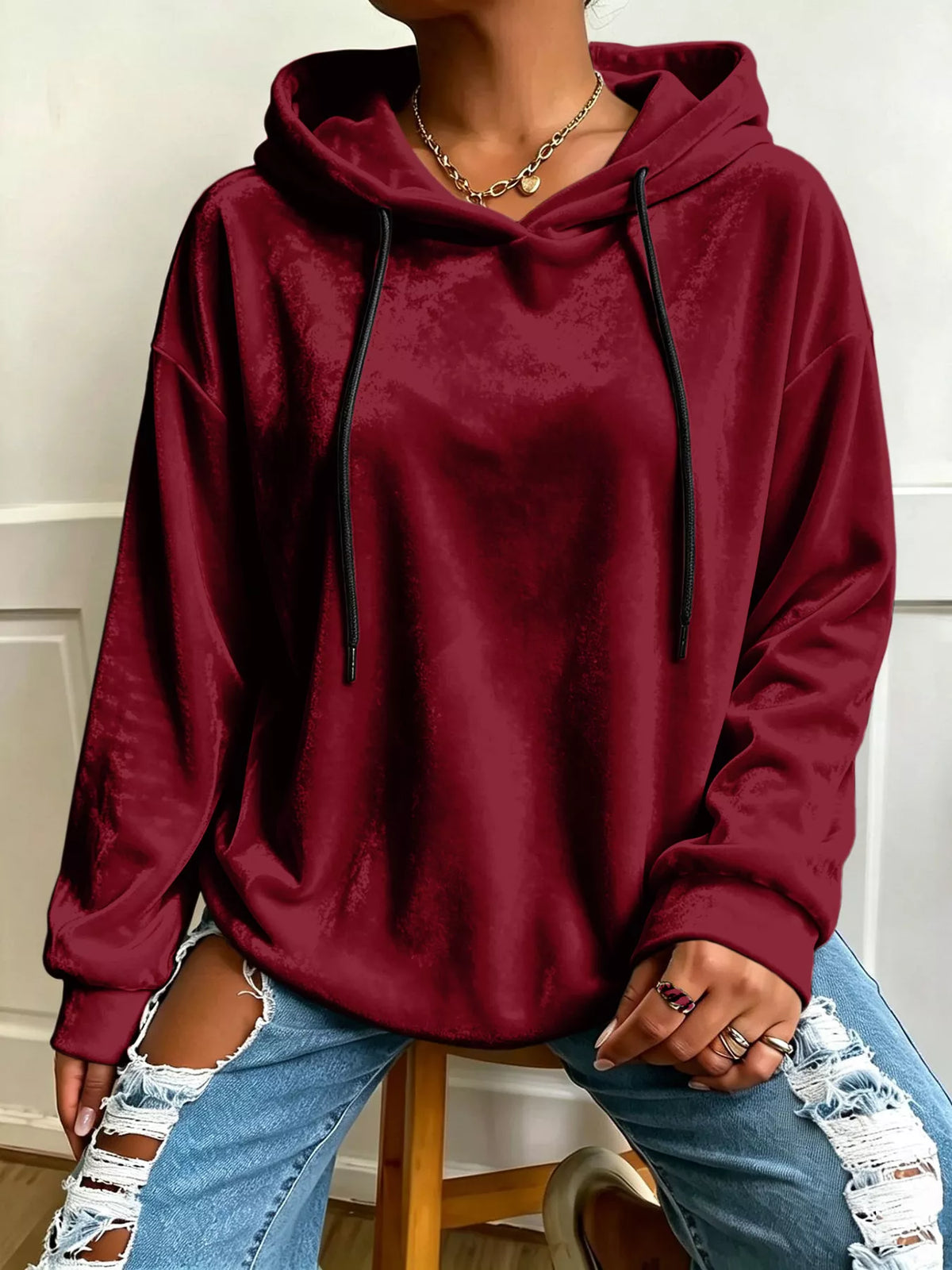 Plus Size Velvet Drawstring Dropped Shoulder Hoodie