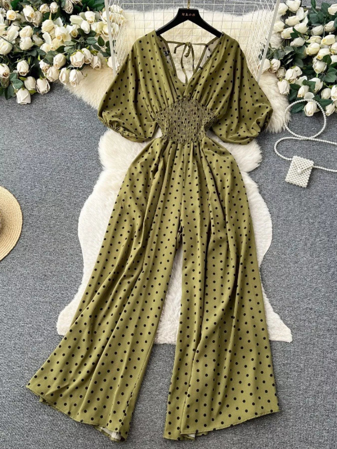 Smocked V-Neck Wide Leg Jumpsuit