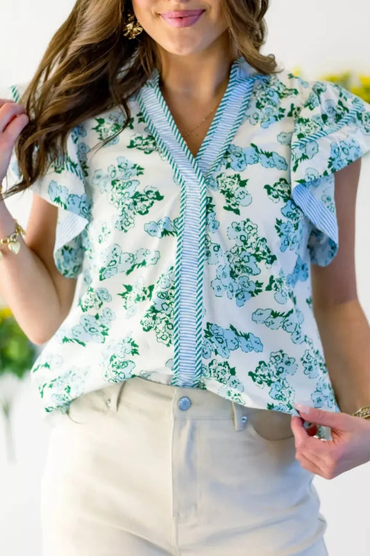 Floral Meets Stripes V Neck Flutter Sleeve Blouse