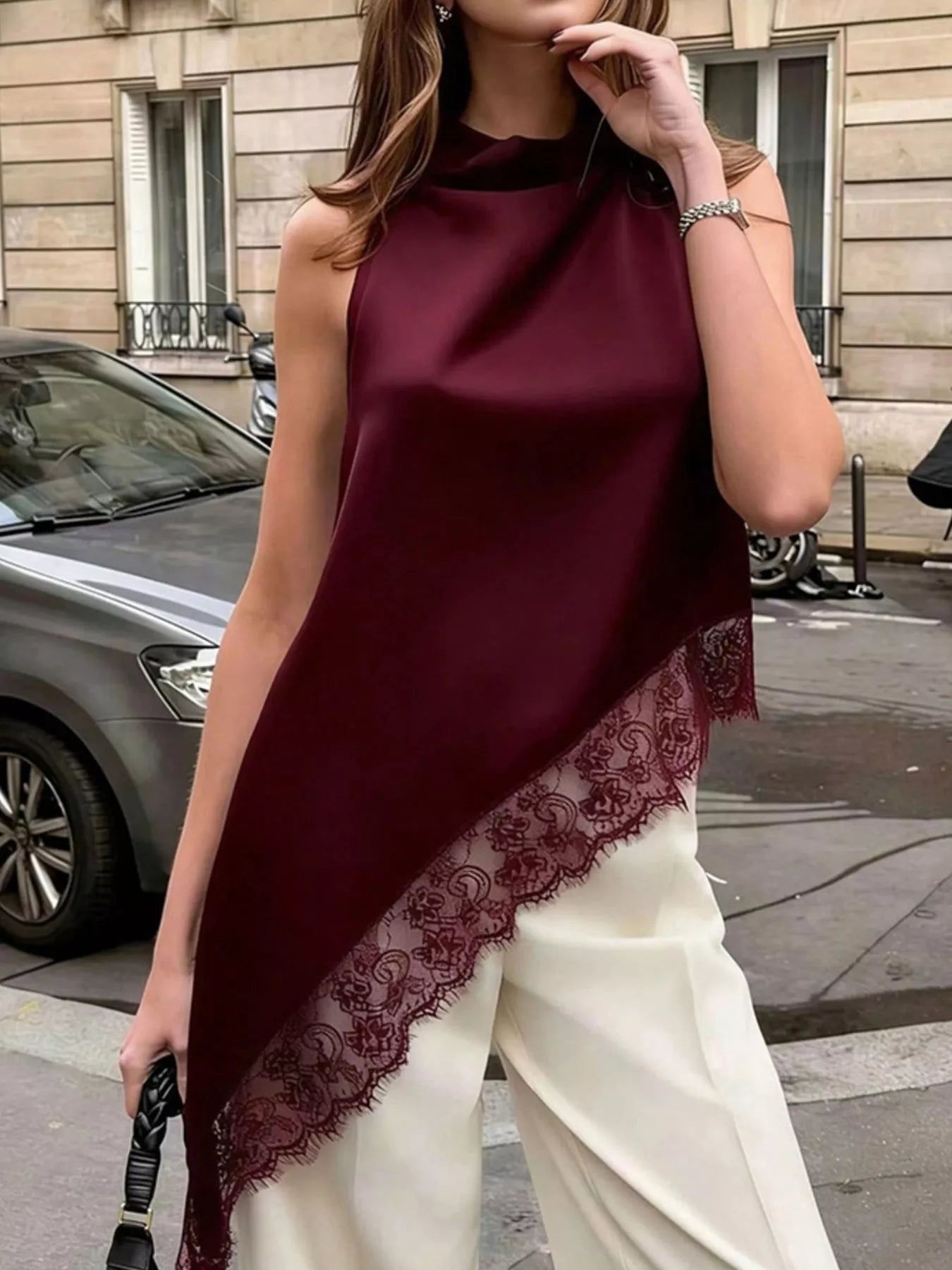 Polka Dot Lace Trim Asymmetrical Hem Sleeveless Blouse