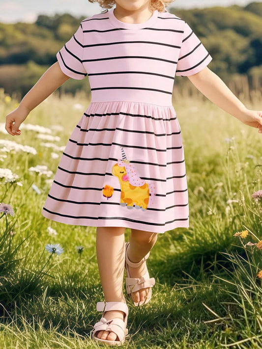 Children's Striped Unicorn Short Sleeve Casual Dress