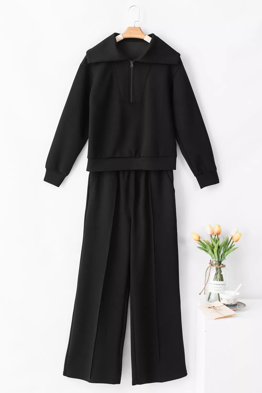 Solid Zip Sailor Collar Pullover Athleisure Sweatpants 2pcs Set