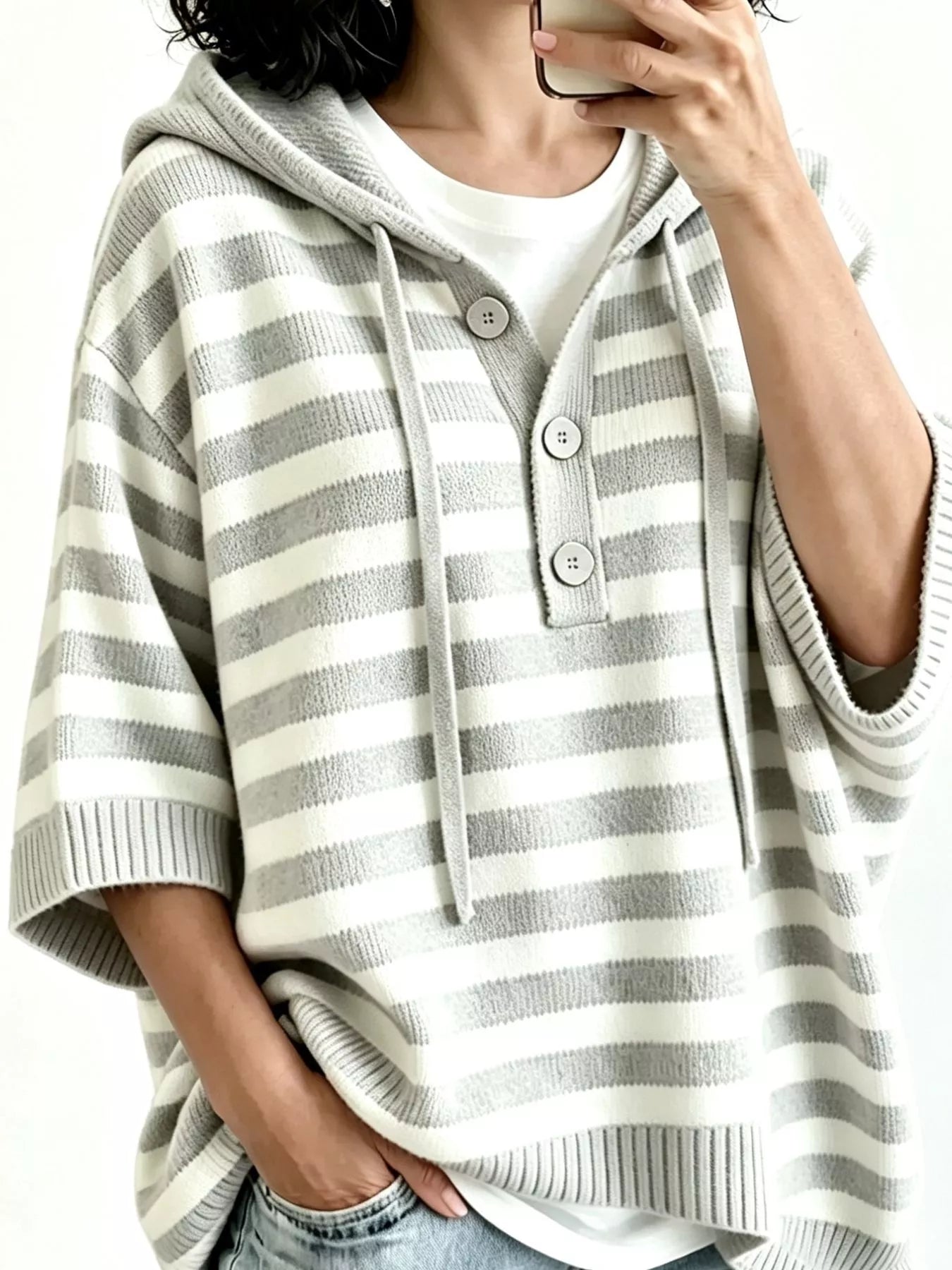 Striped Hooded Sweater with Button Detail
