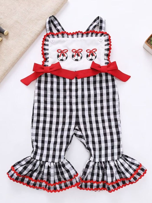 Children's Gingham Soccer Ball Embroidered Ruffle Hem Jumpsuit