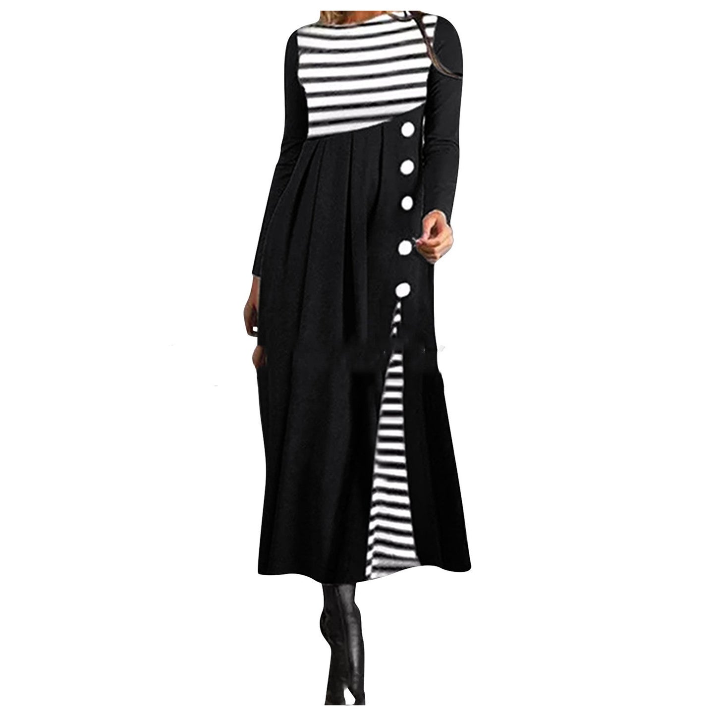 Fashion Retro Large Size Slim Hepburn Striped Dress
