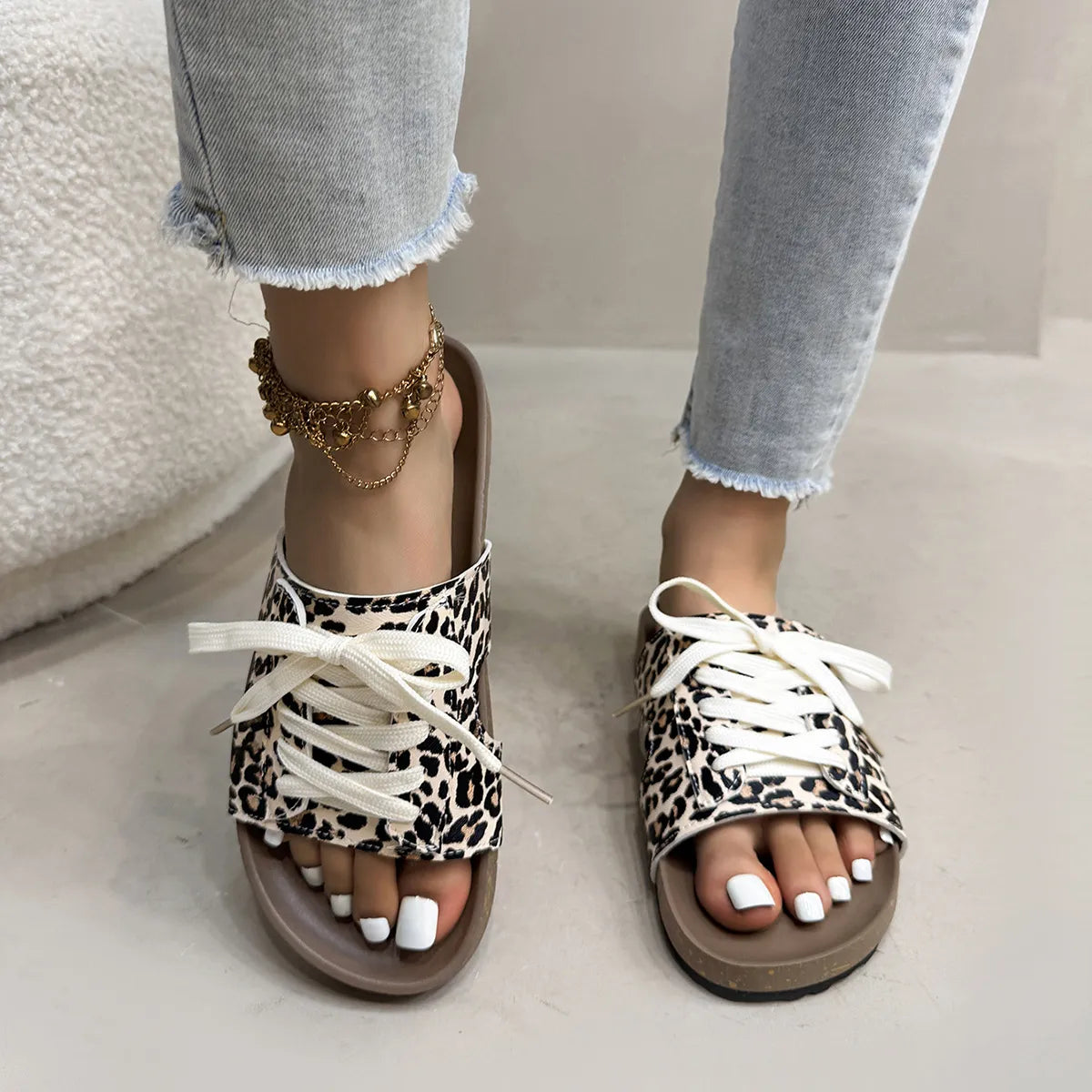 Leopard Print Open Toe Lace-up Sandals