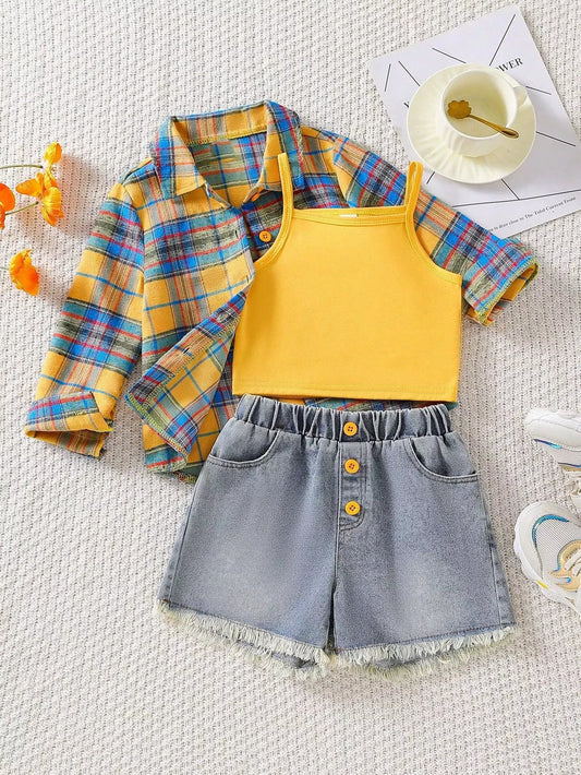 Children's Plaid Shirt & Tank Top & Denim Shorts Set