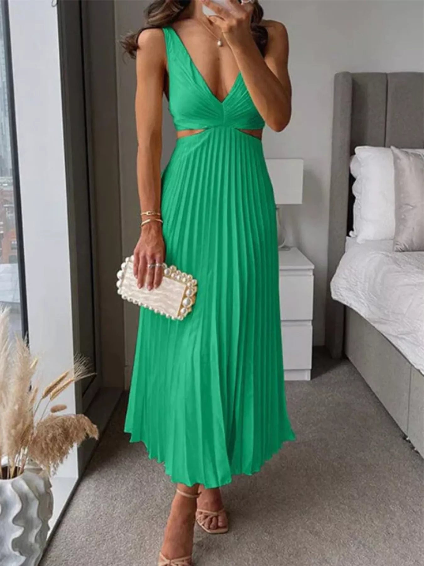 Elegant Pleated Midi Dress with Cut-out Details