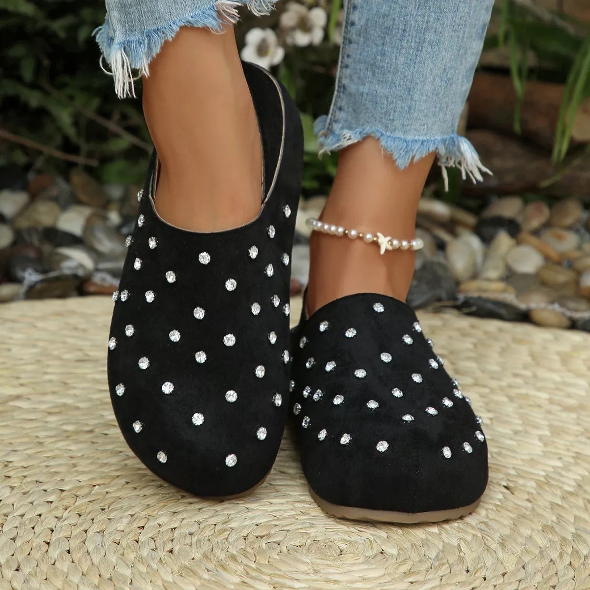 Rhinestone Round Toe Slip-Ons