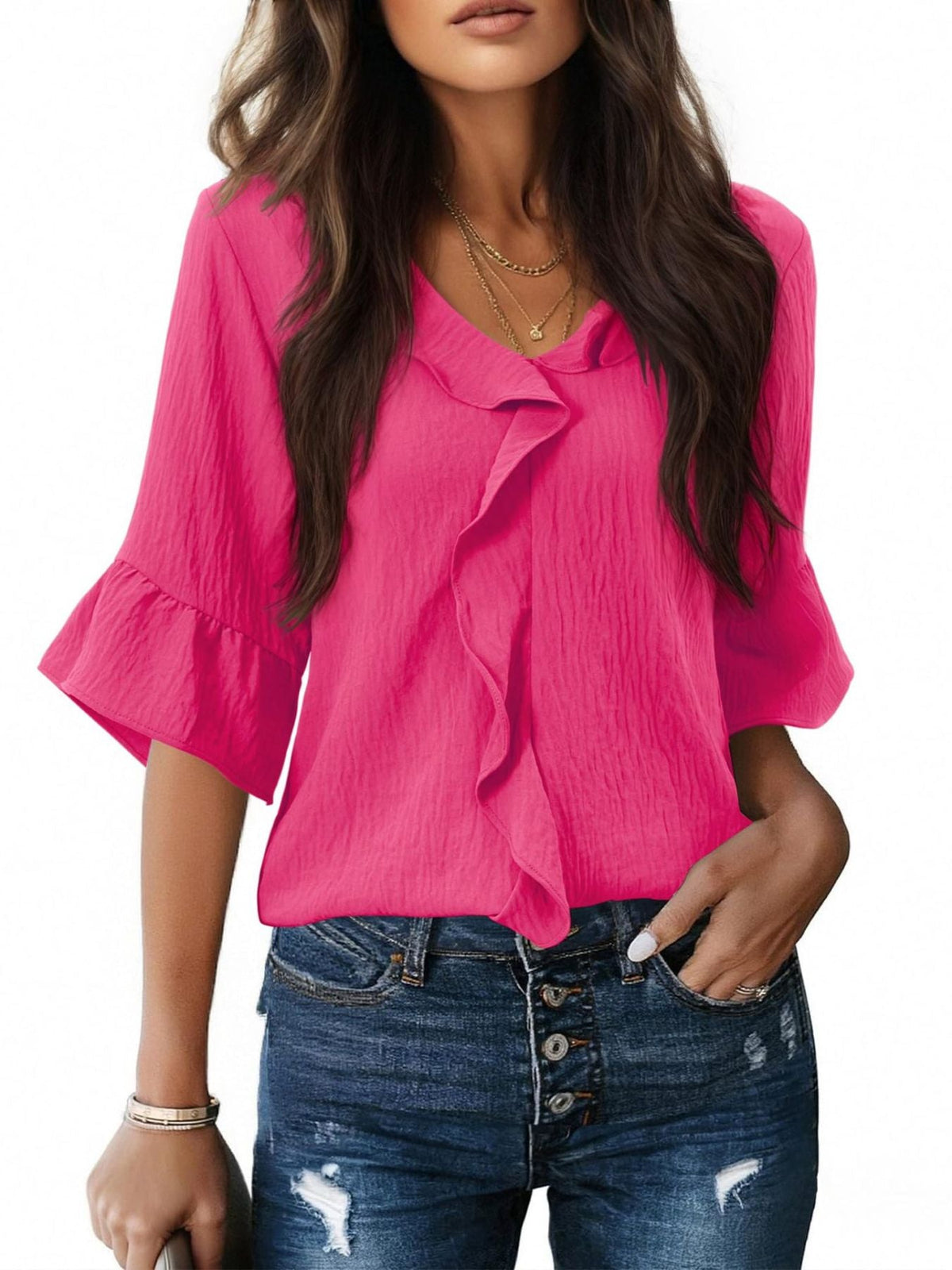 Ruffle V-Neck Flounce Sleeve Blouse