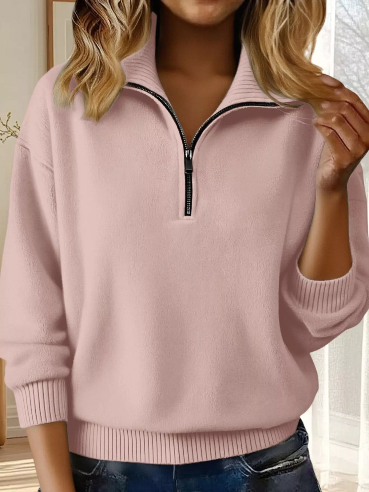 Full Size Half Zip Dropped Shoulder Sweater Plus Size