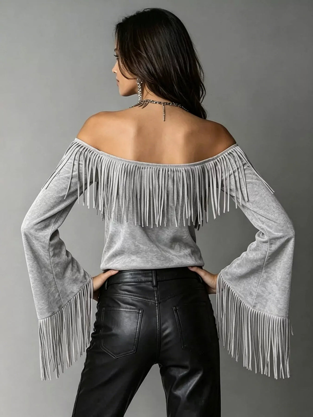 Full Size Fringed Off-Shoulder T-Shirt Plus Size