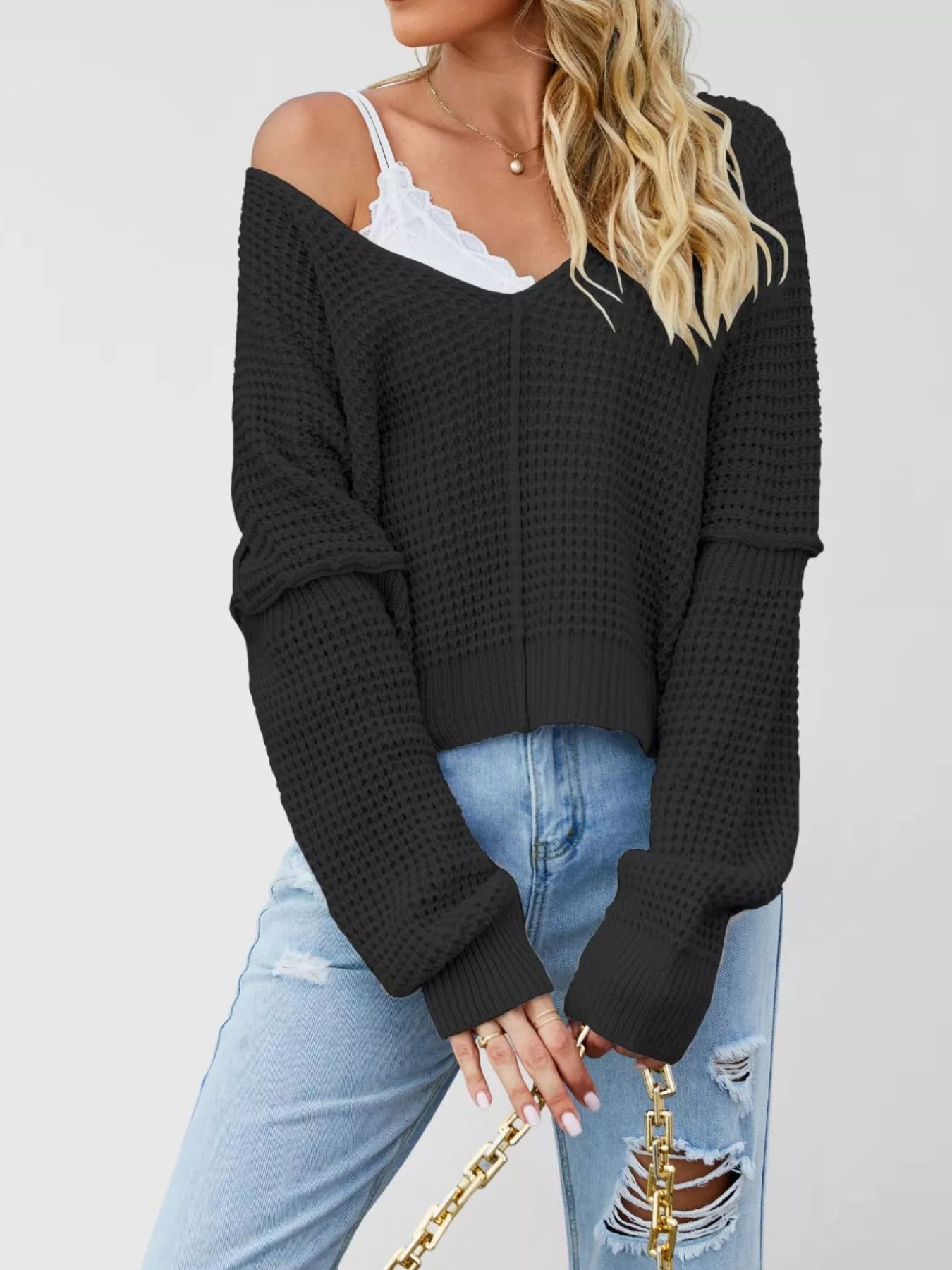 Waffle Knit Dropped Shoulder Sweater