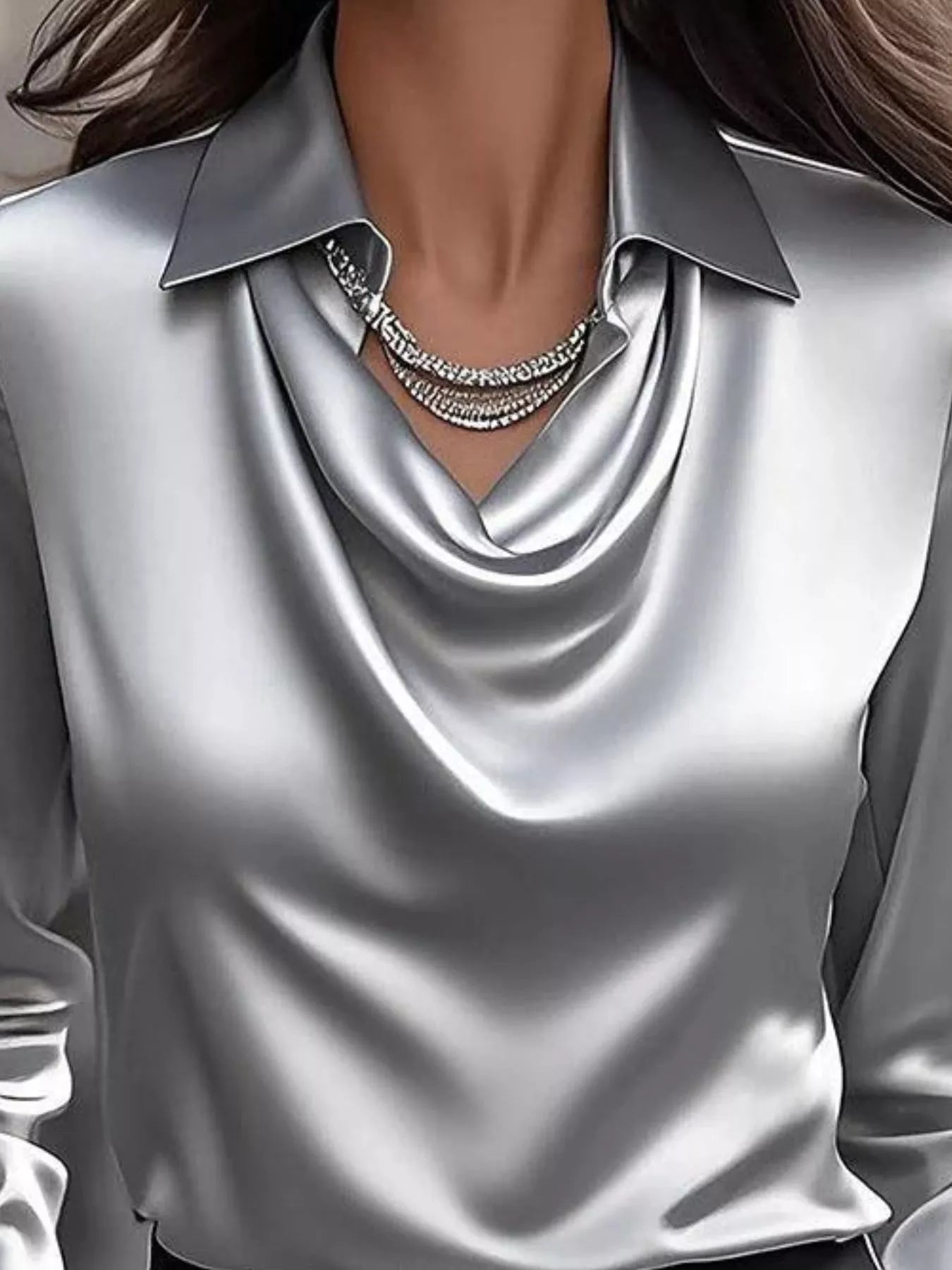 Ruched Long Sleeve Drape Collar Blouse