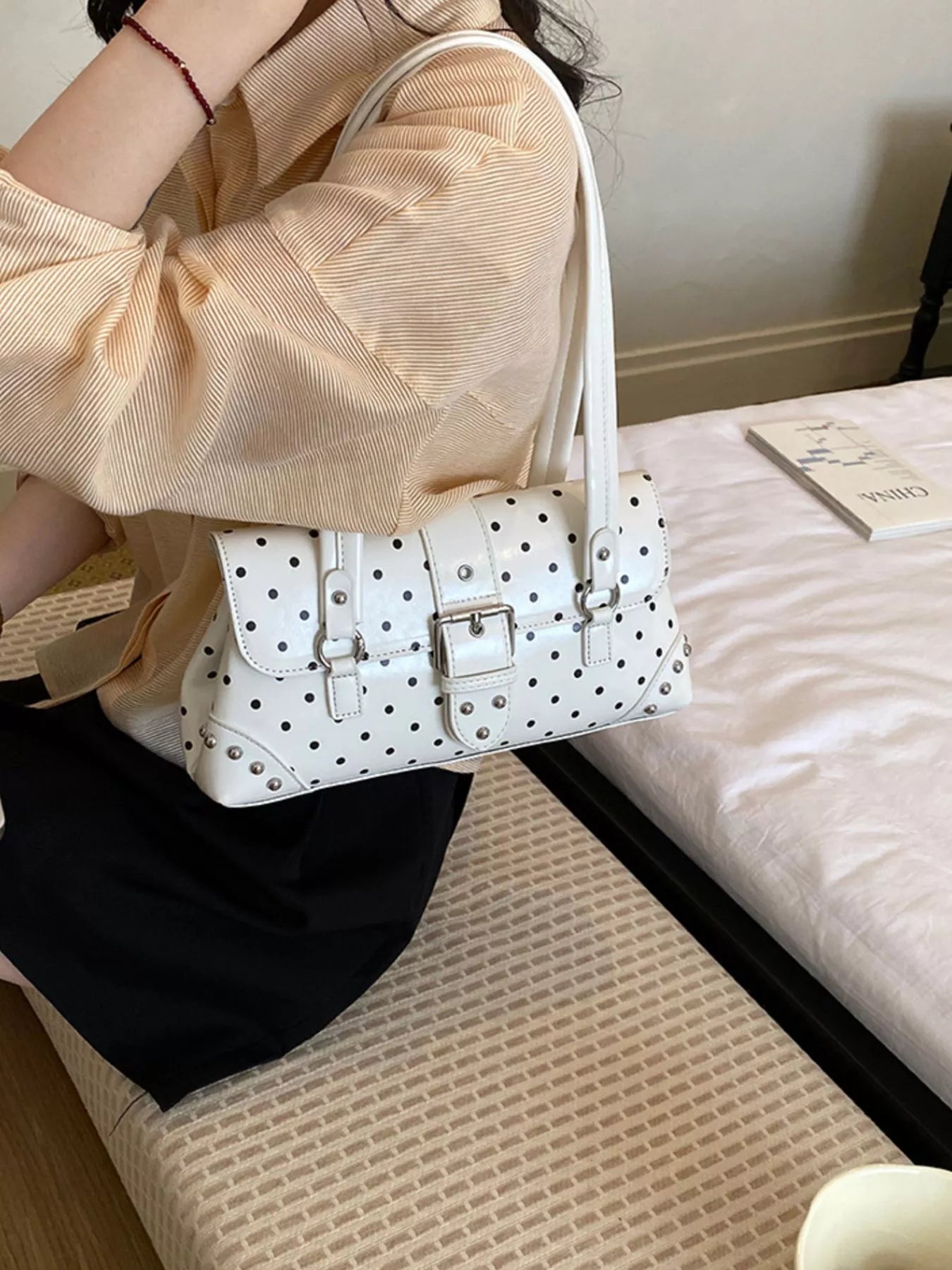 Polka Dot Studded Shoulder Bag