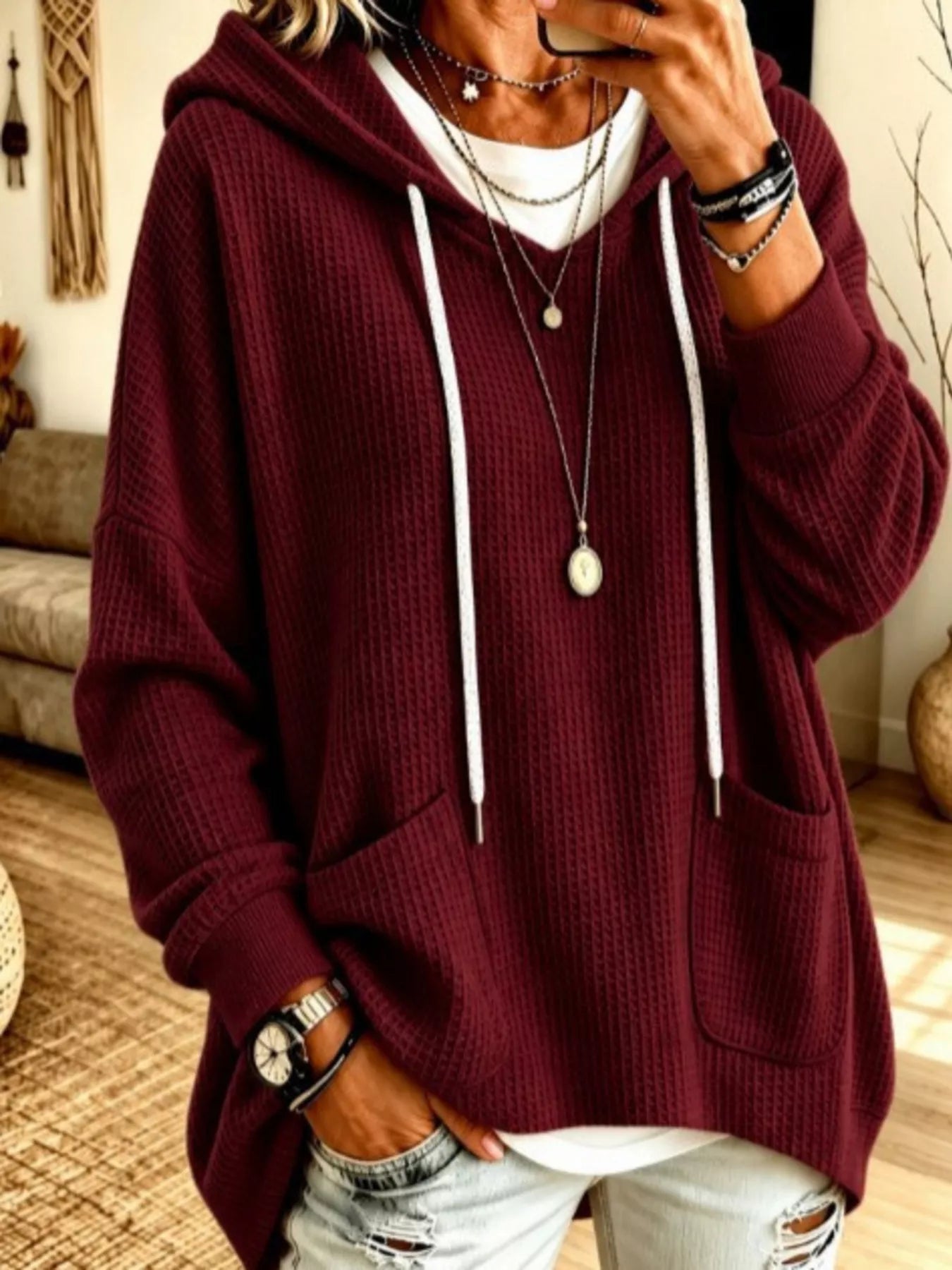 Full Size Waffle Knit Hoodie with Pockets Plus Size