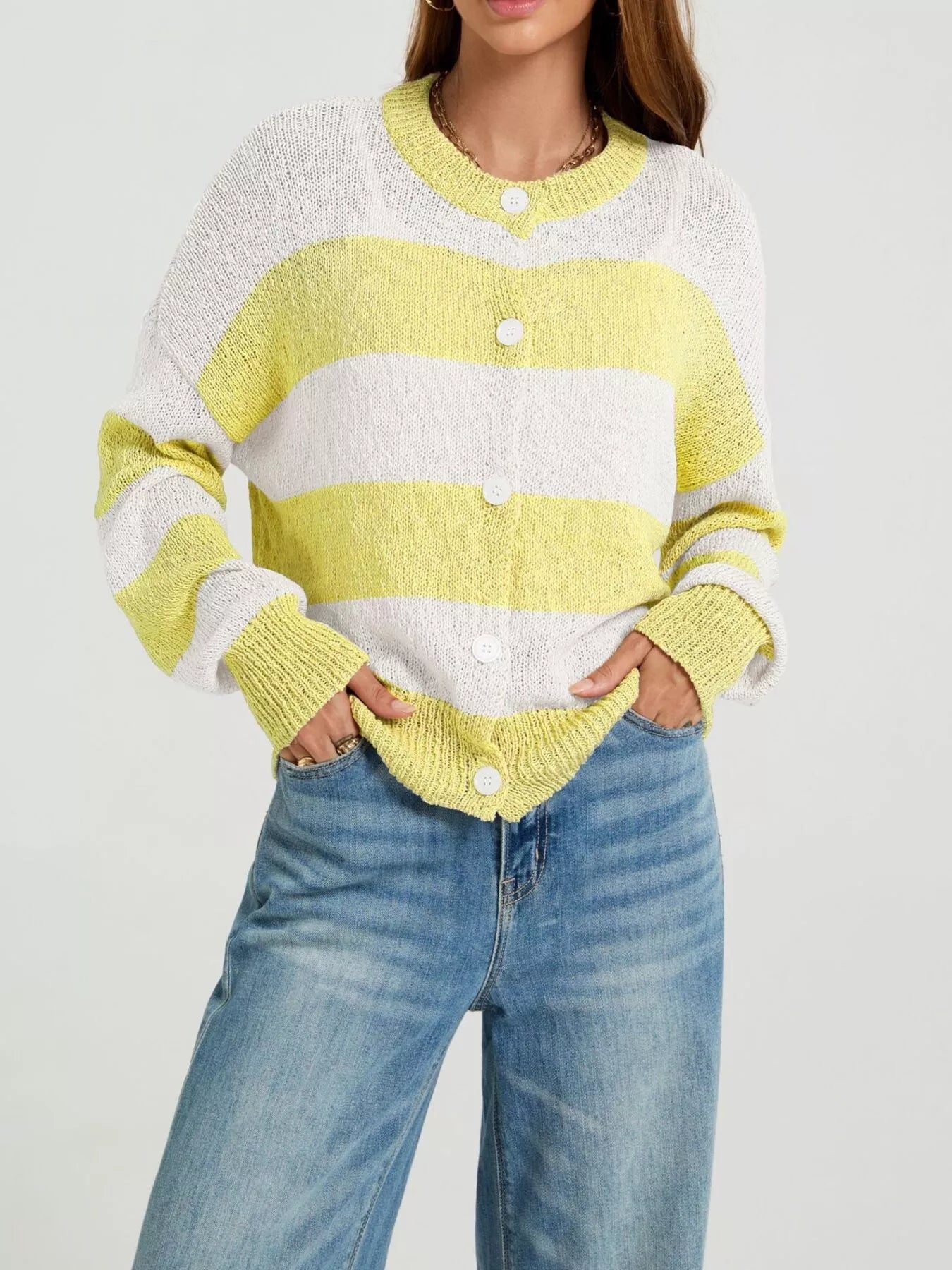 Casual Striped Button-Down Knit Cardigan