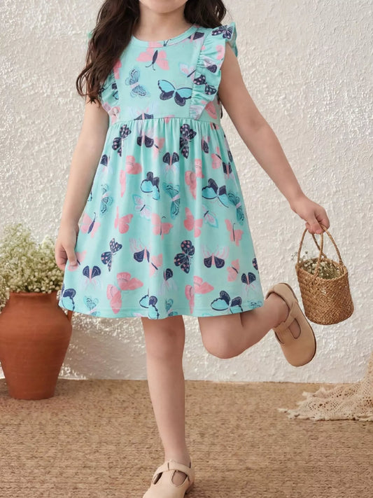 Children's Butterfly Print Ruffle Sleeve Dress