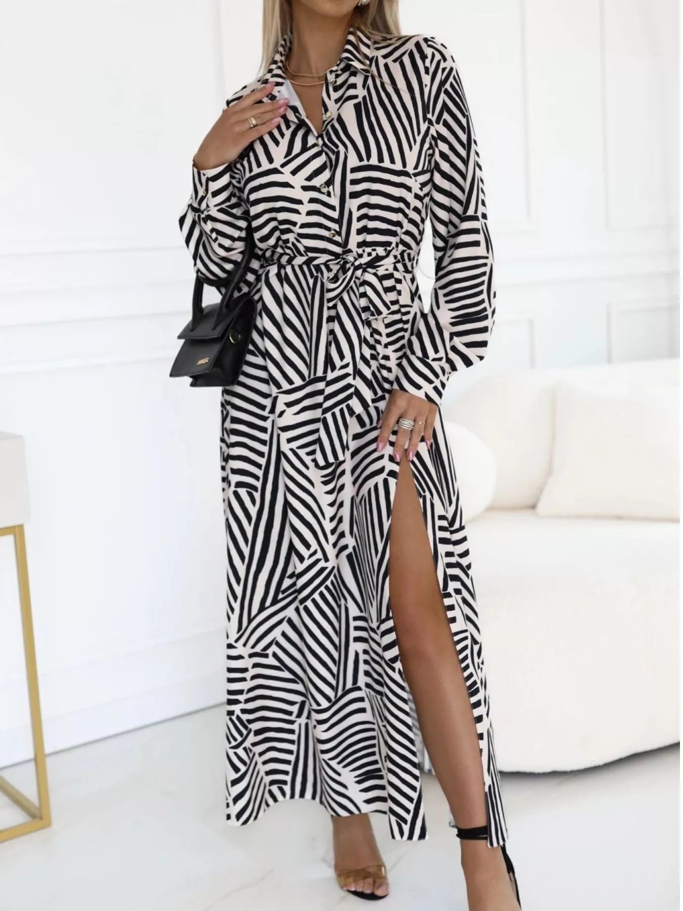 Geometric Print Belted Maxi Shirt Dress