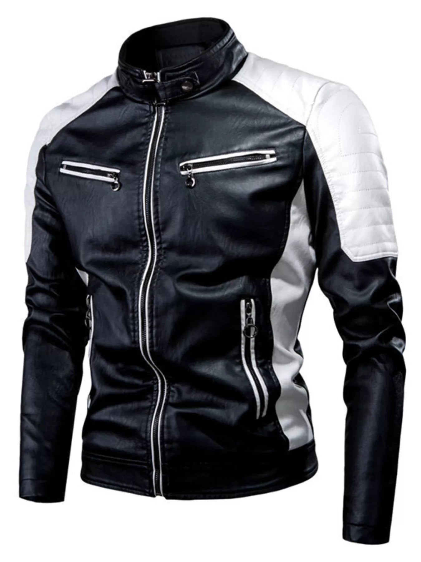 Men's Plus Size Two-Tone Slim Fit Motorcycle Leather Jacket