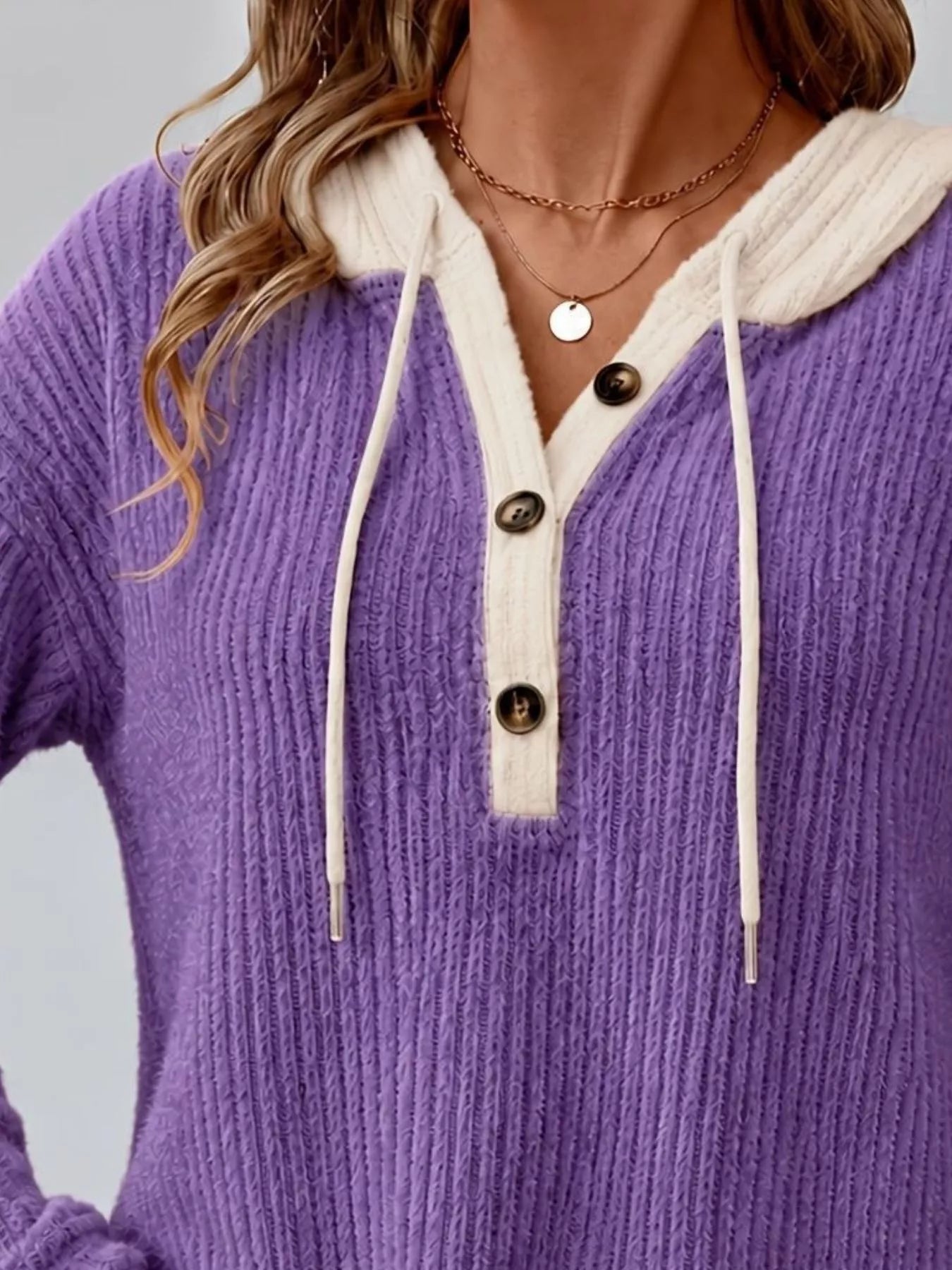 Full Size Drawstring Button Detail Hooded Sweater Plus Size