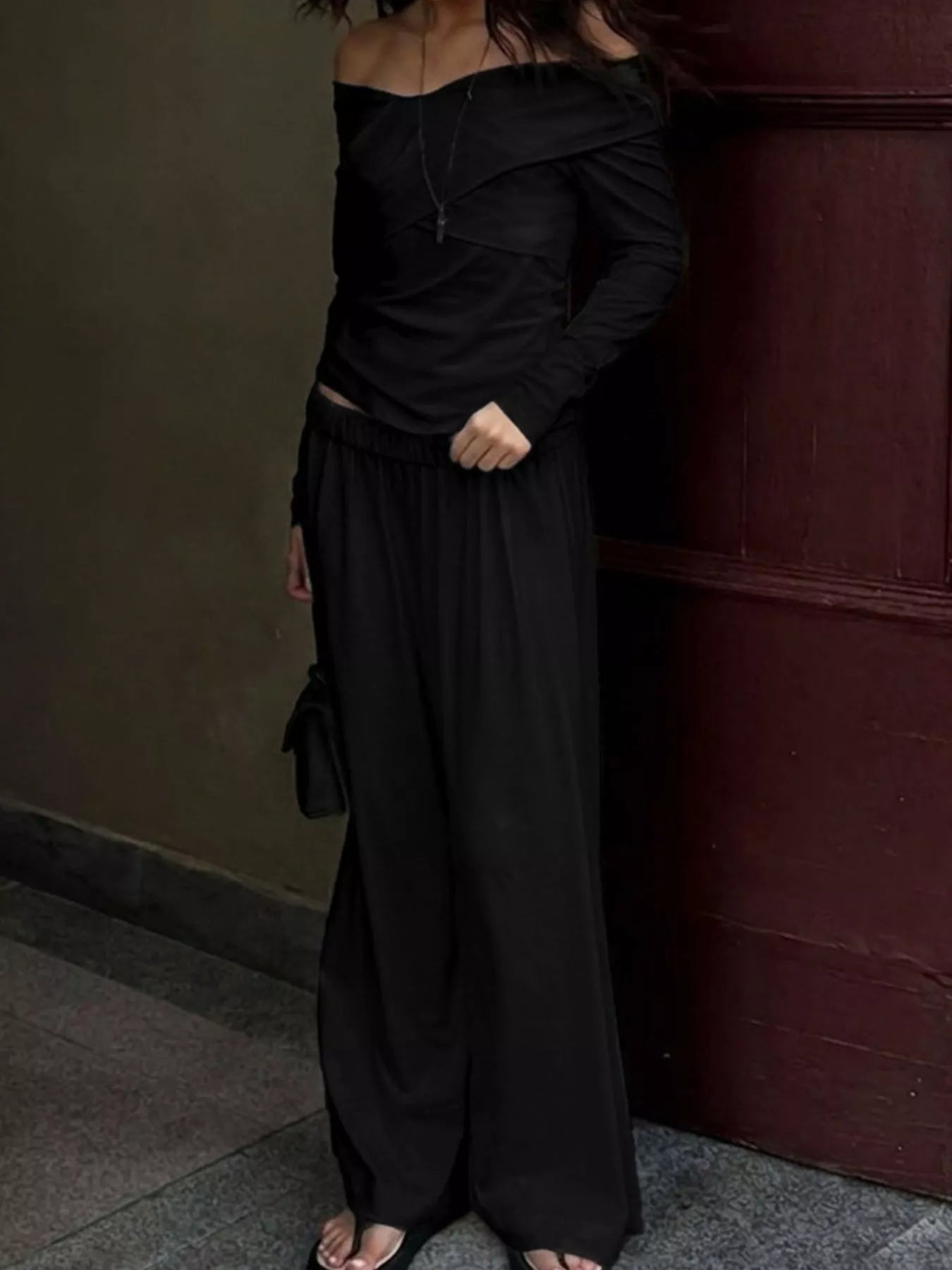 Off-Shoulder Long Sleeve Top and Wide-Leg Pants Set