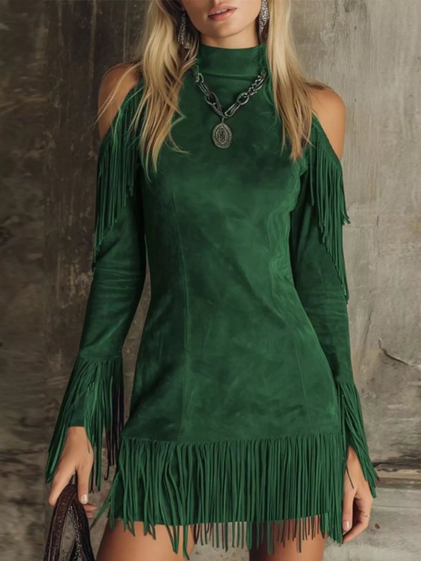 Fringed Cold Shoulder Mini Dress