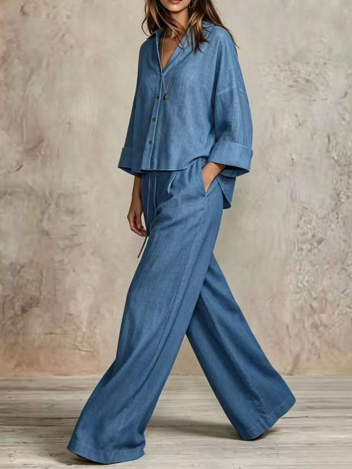 Full Size Button-Down Shirt and Wide-Leg Pants Set Plus Size