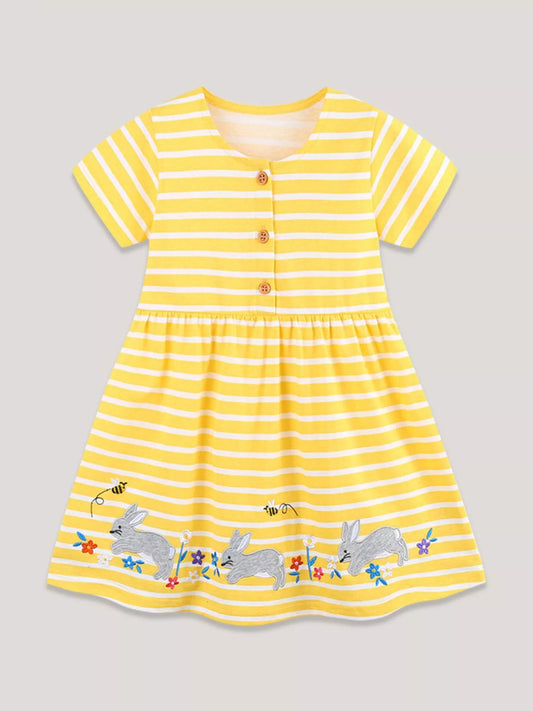 Children's Striped Bunny Embroidered Button-Front Dress