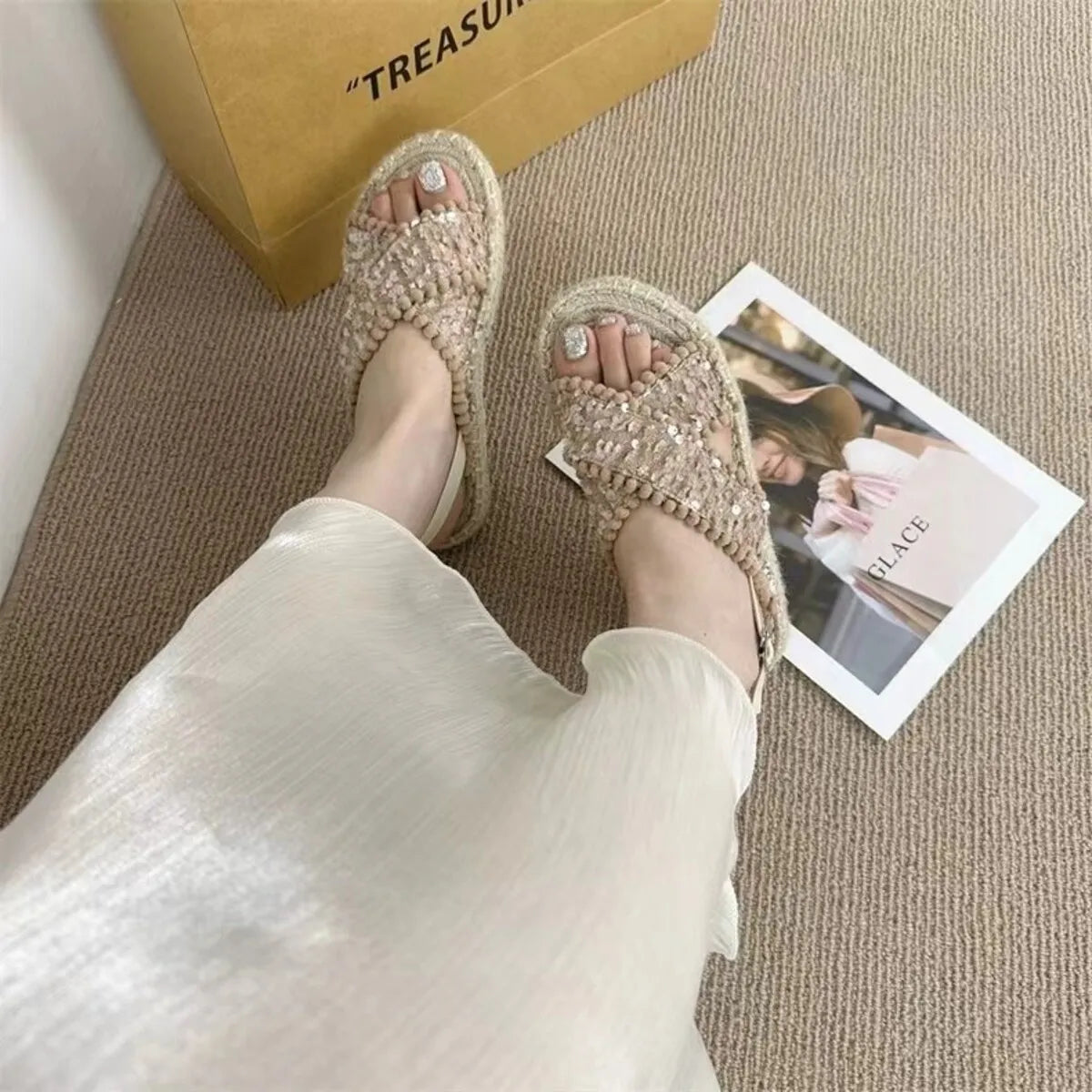 Sequin Open Toe Platform Sandals