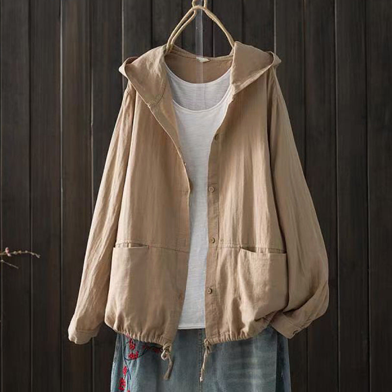 Women's Loose-Fit Hooded Button-Down Top with Drawstring Hem