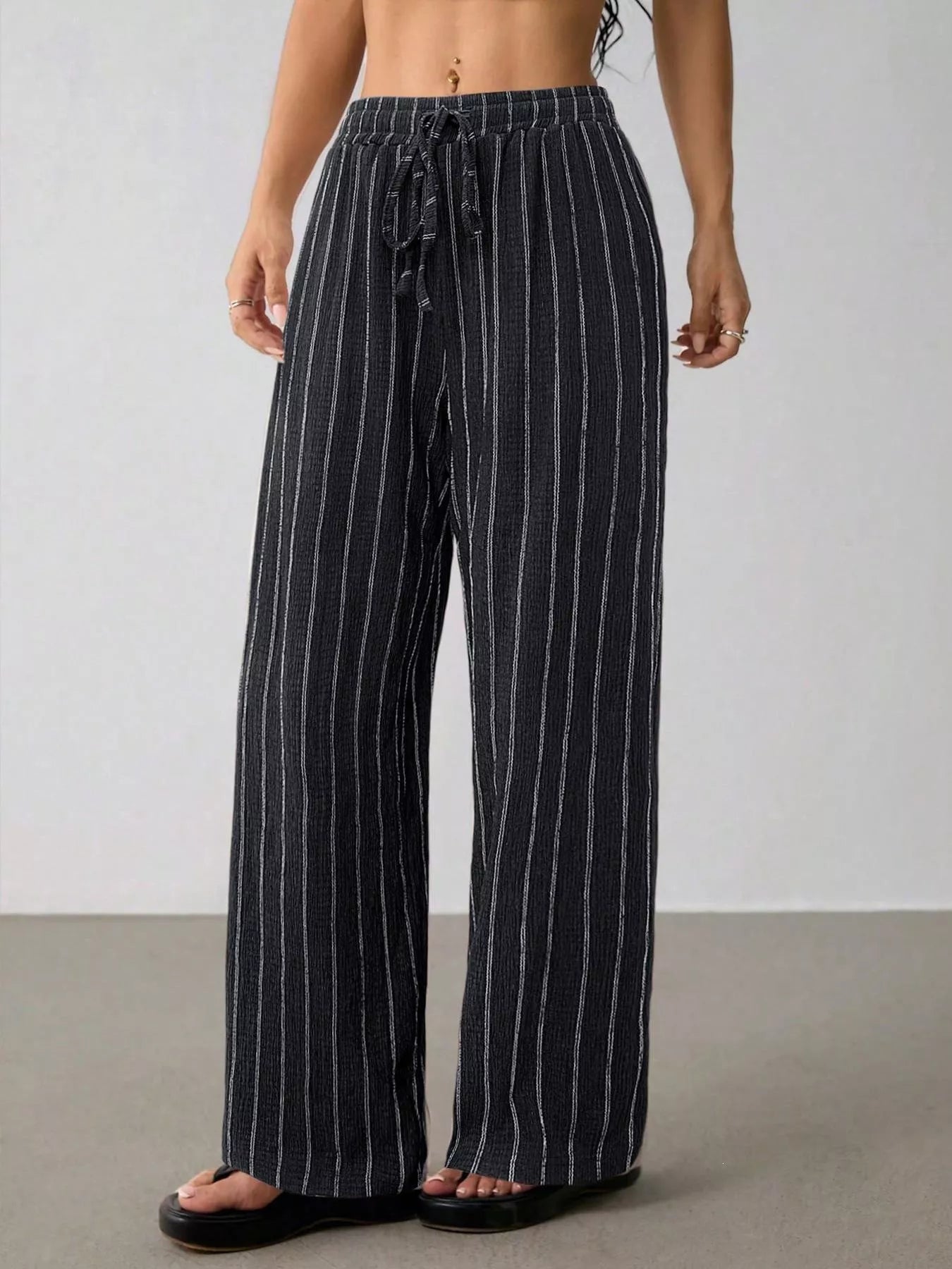 Striped Wide-Leg Drawstring Pants