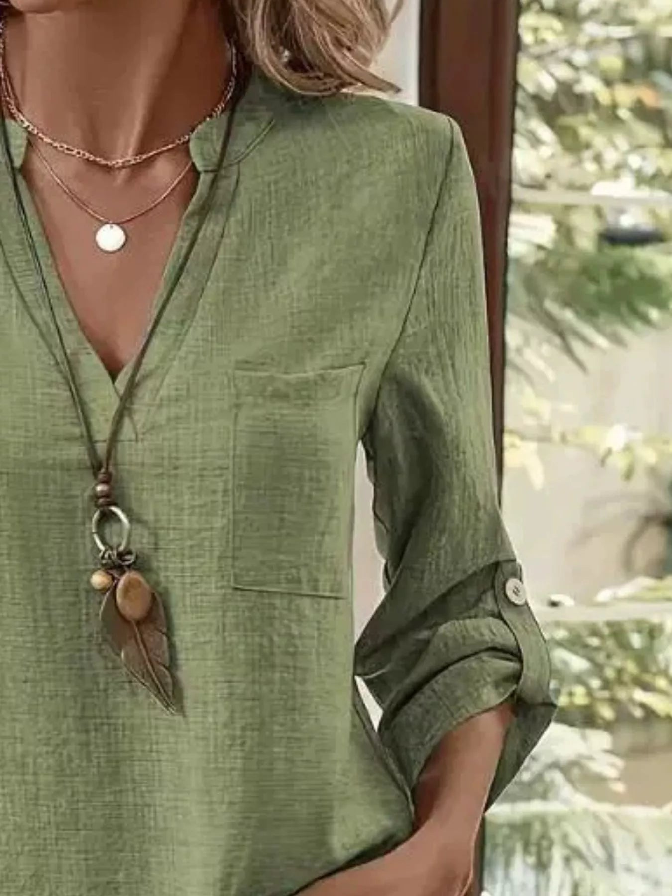 Casual V-Neck Roll-Sleeve T-Shirt with Pocket