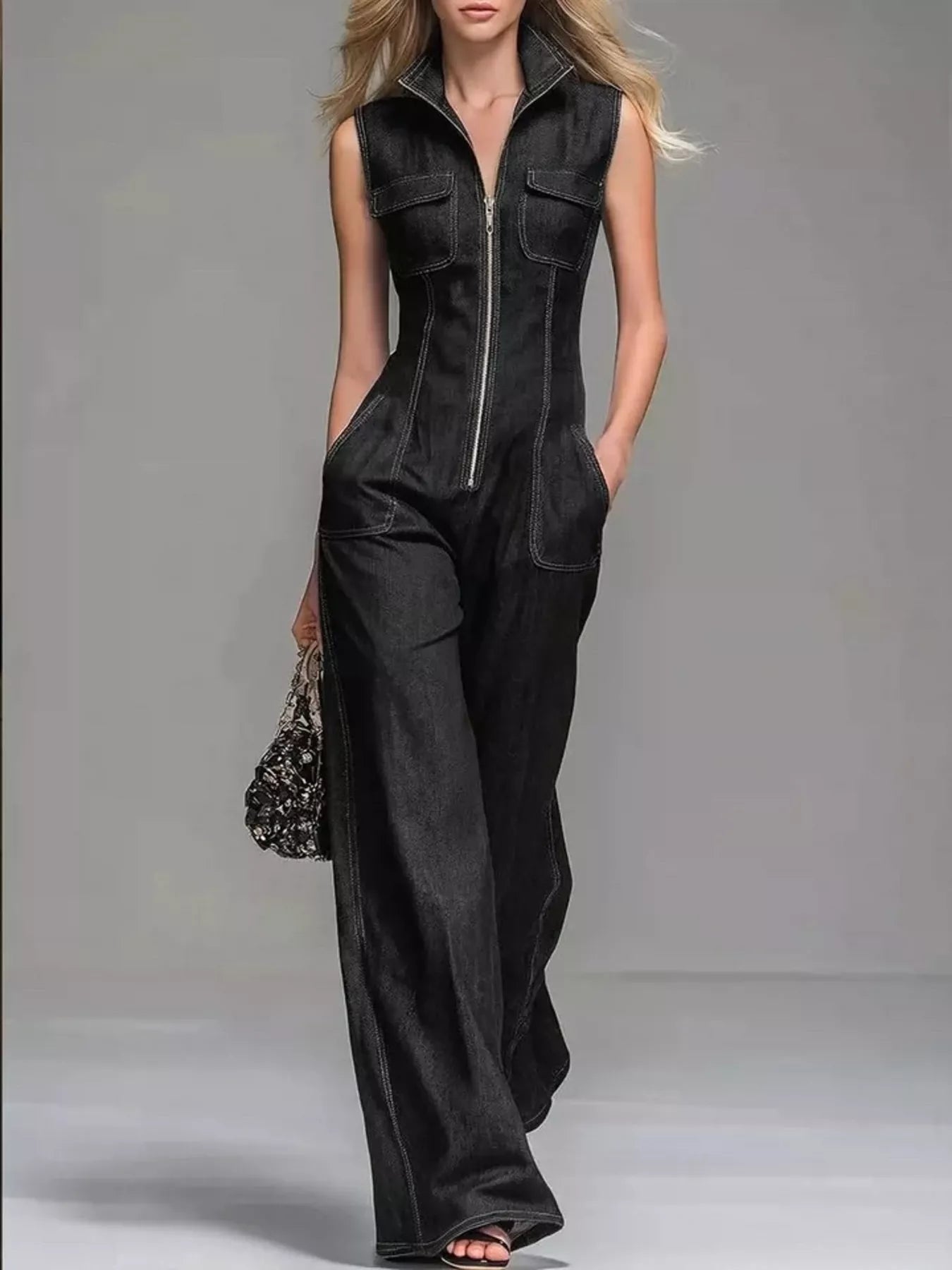 Sleeveless Zip-Front Wide-Leg Denim Jumpsuit