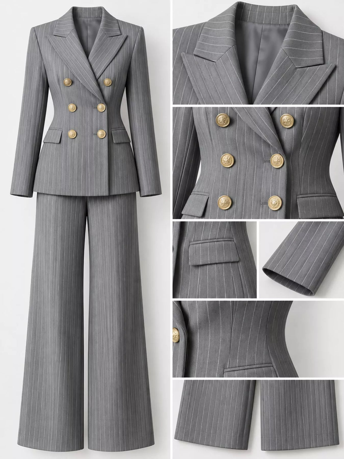 Double-Breasted Pinstripe Blazer and Wide-Leg Pants Set