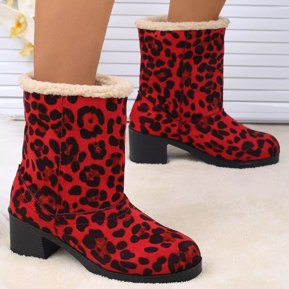 Plush Cuff Block Heel Boots