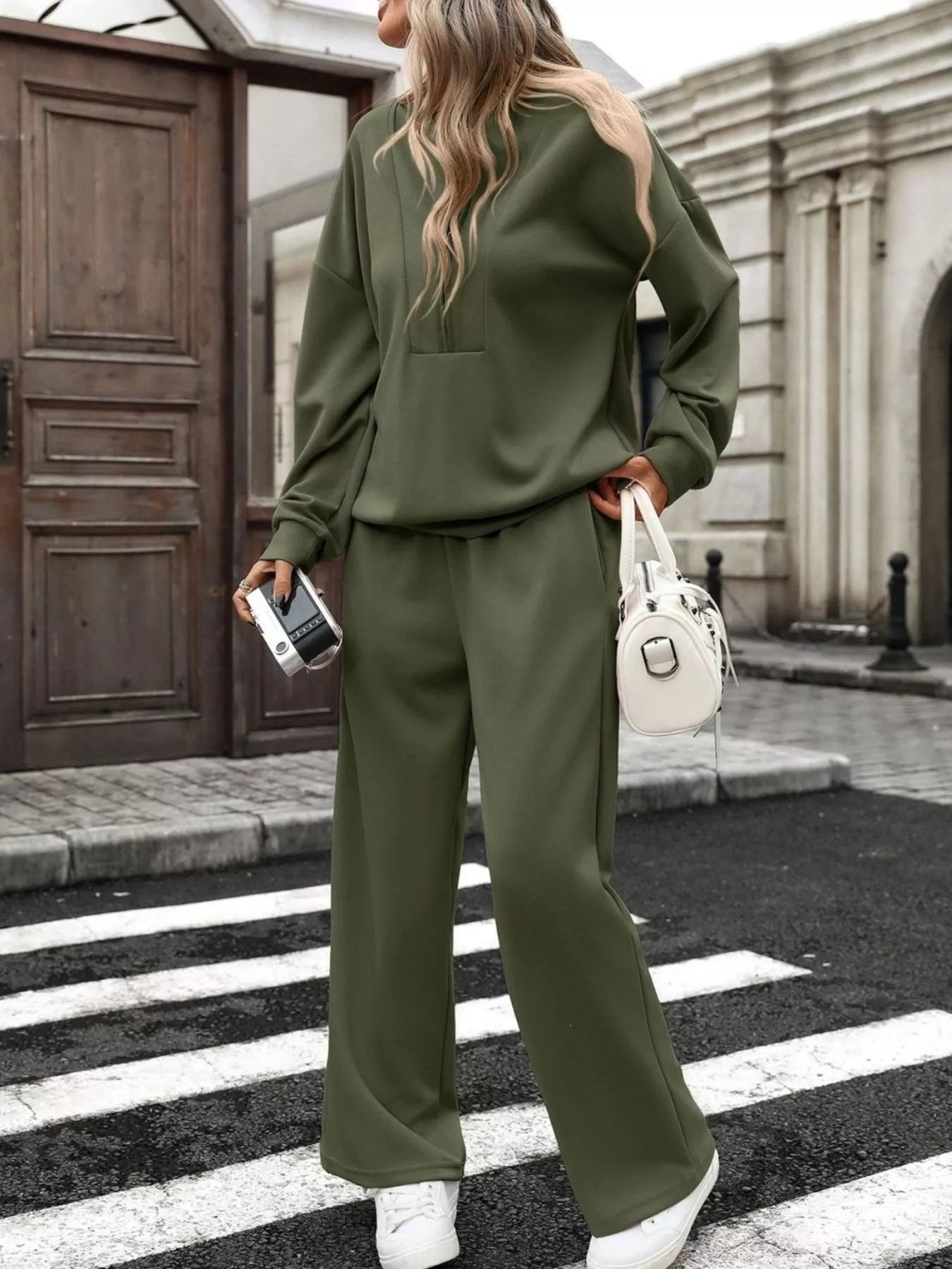 Half Zip Sweatshirt and Wide-Leg Pants Set