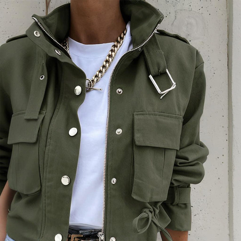Women’s stand collar drawstring hem jacket