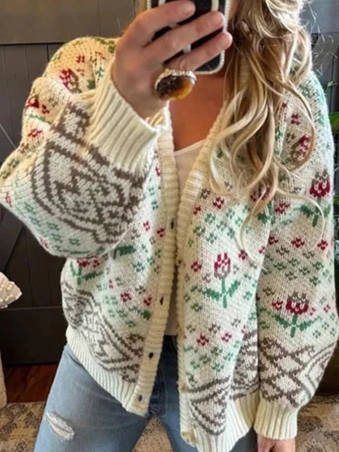 Floral Pattern Button-Up Cardigan