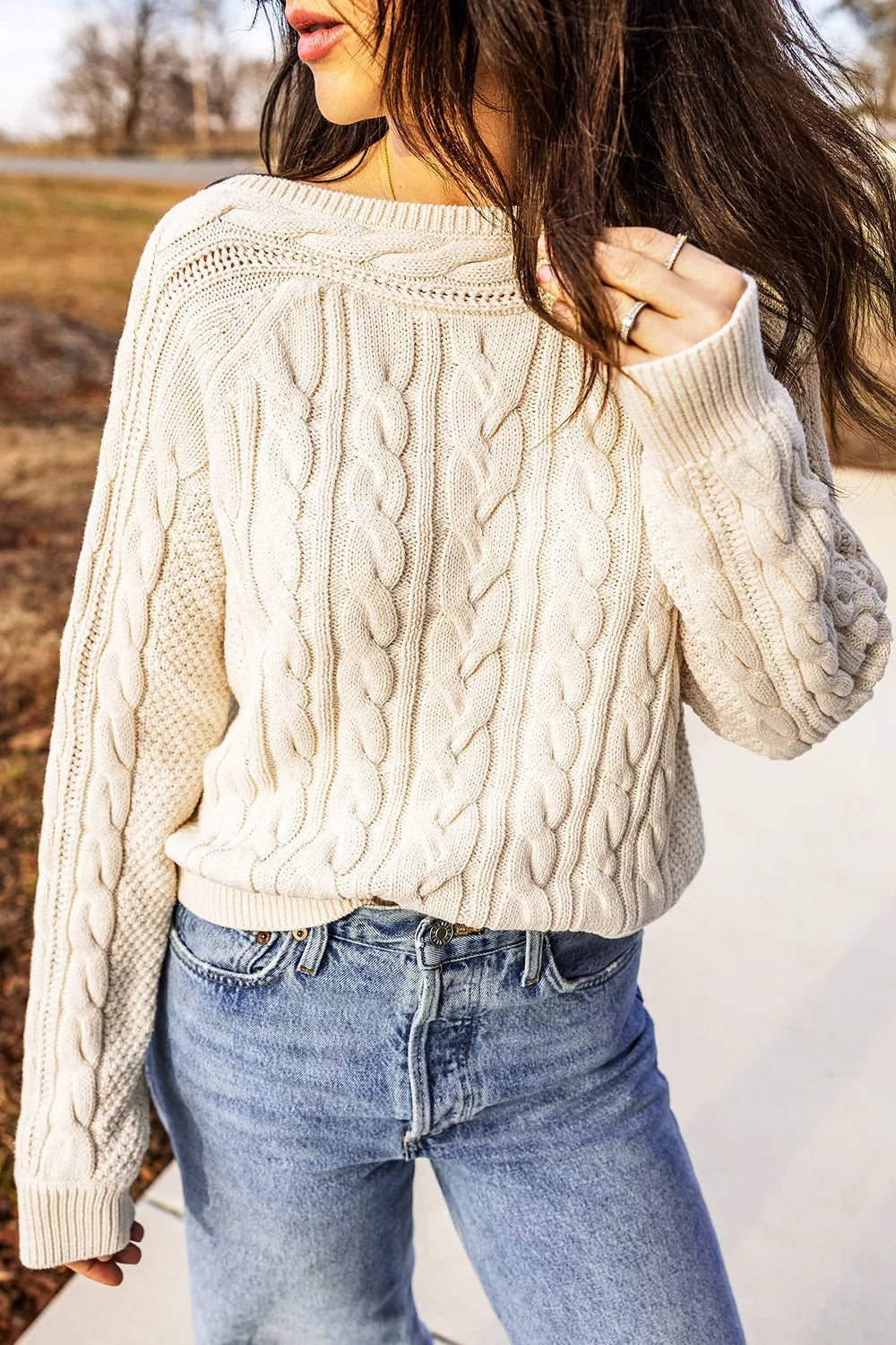 Drop Shoulder Round Neck Cable Knit Sweater