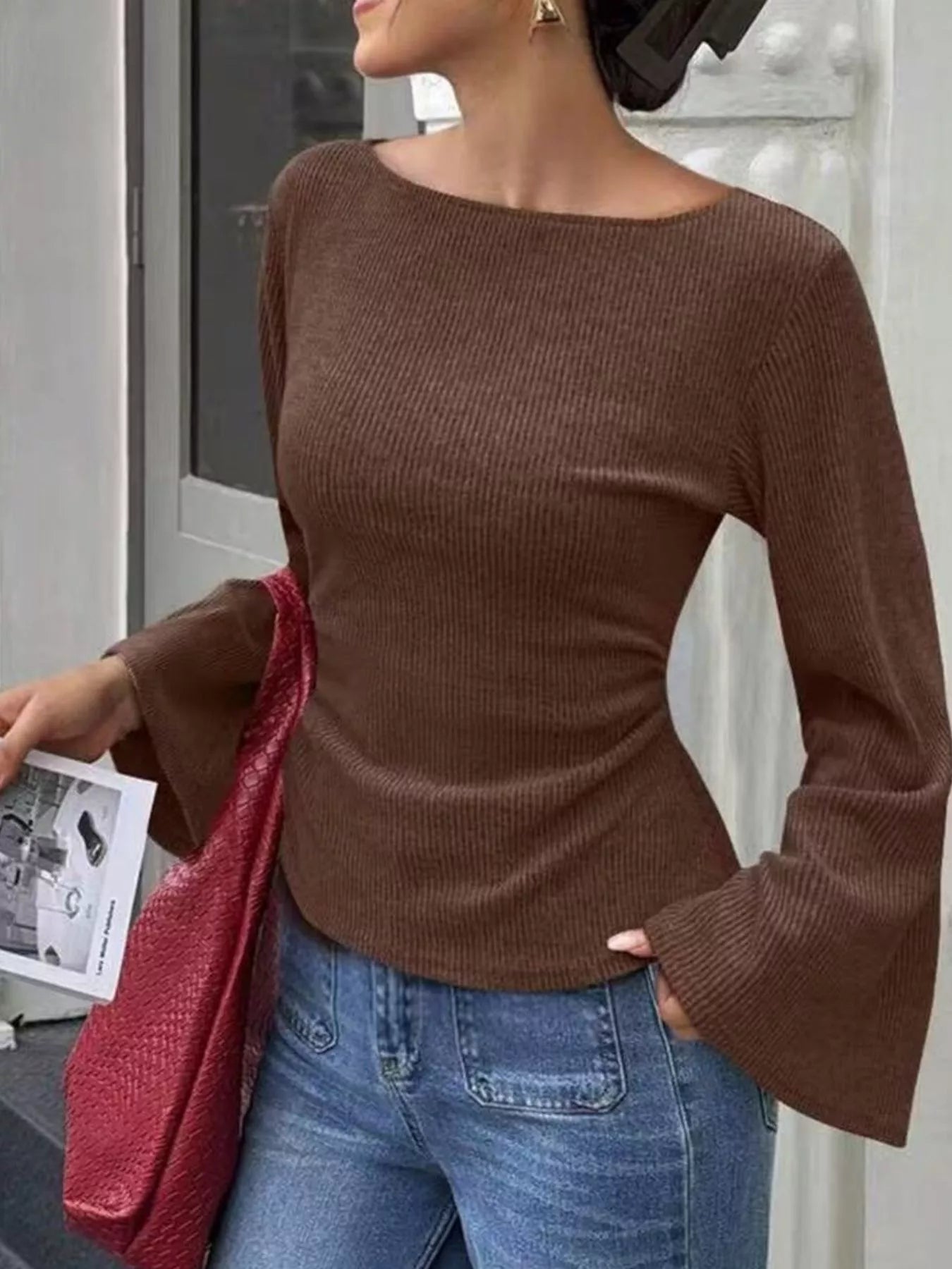 Ribbed Flare Sleeve Top with Ruched Detail