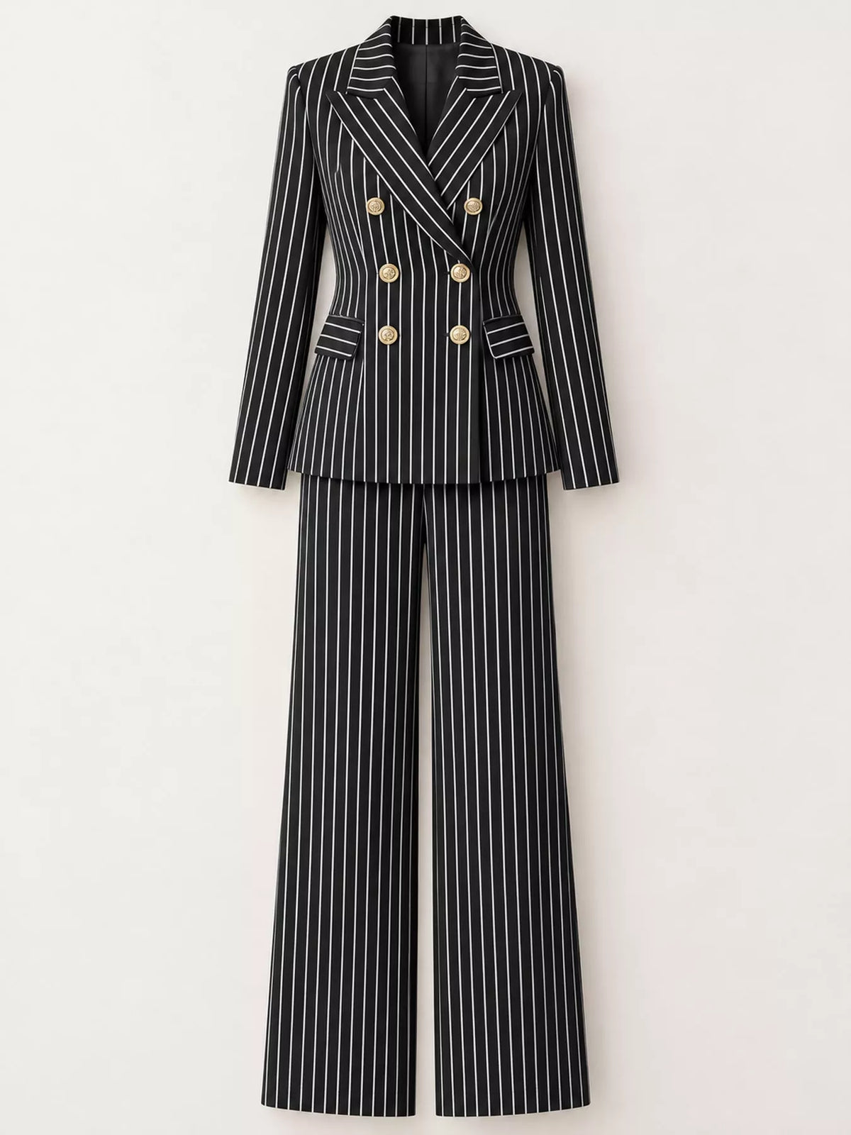 Double-Breasted Pinstripe Blazer and Wide-Leg Pants Set