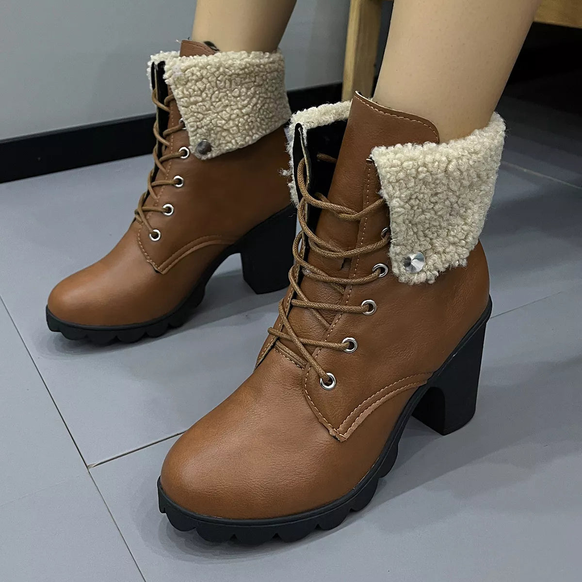 Lace Up Block Heels Boots
