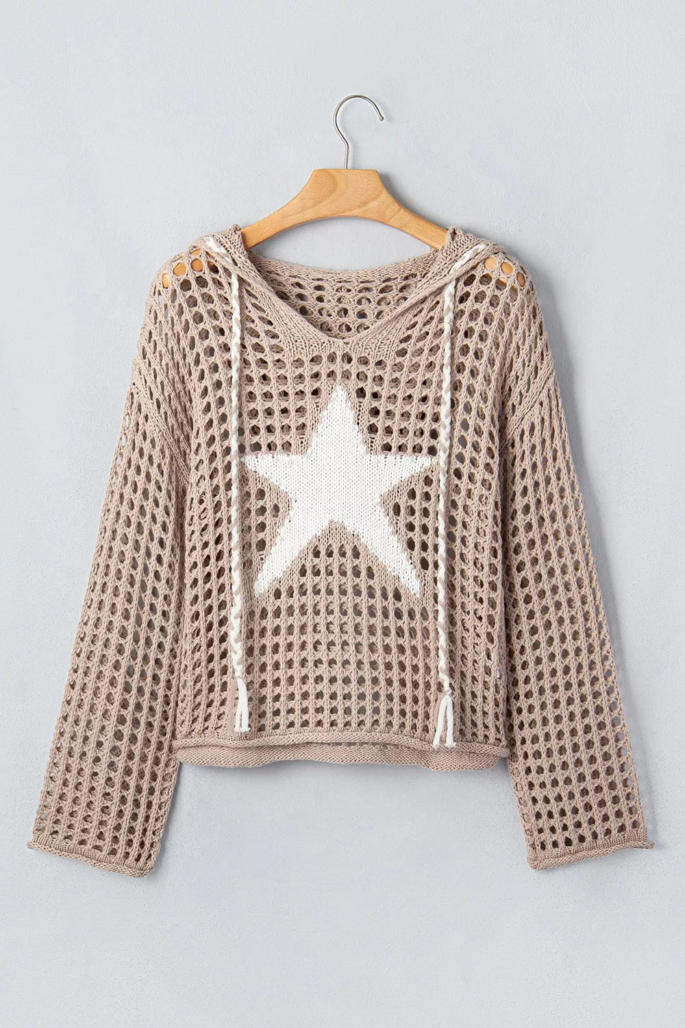 Star Pattern Crochet Hooded Drawstring Knit Cover Up