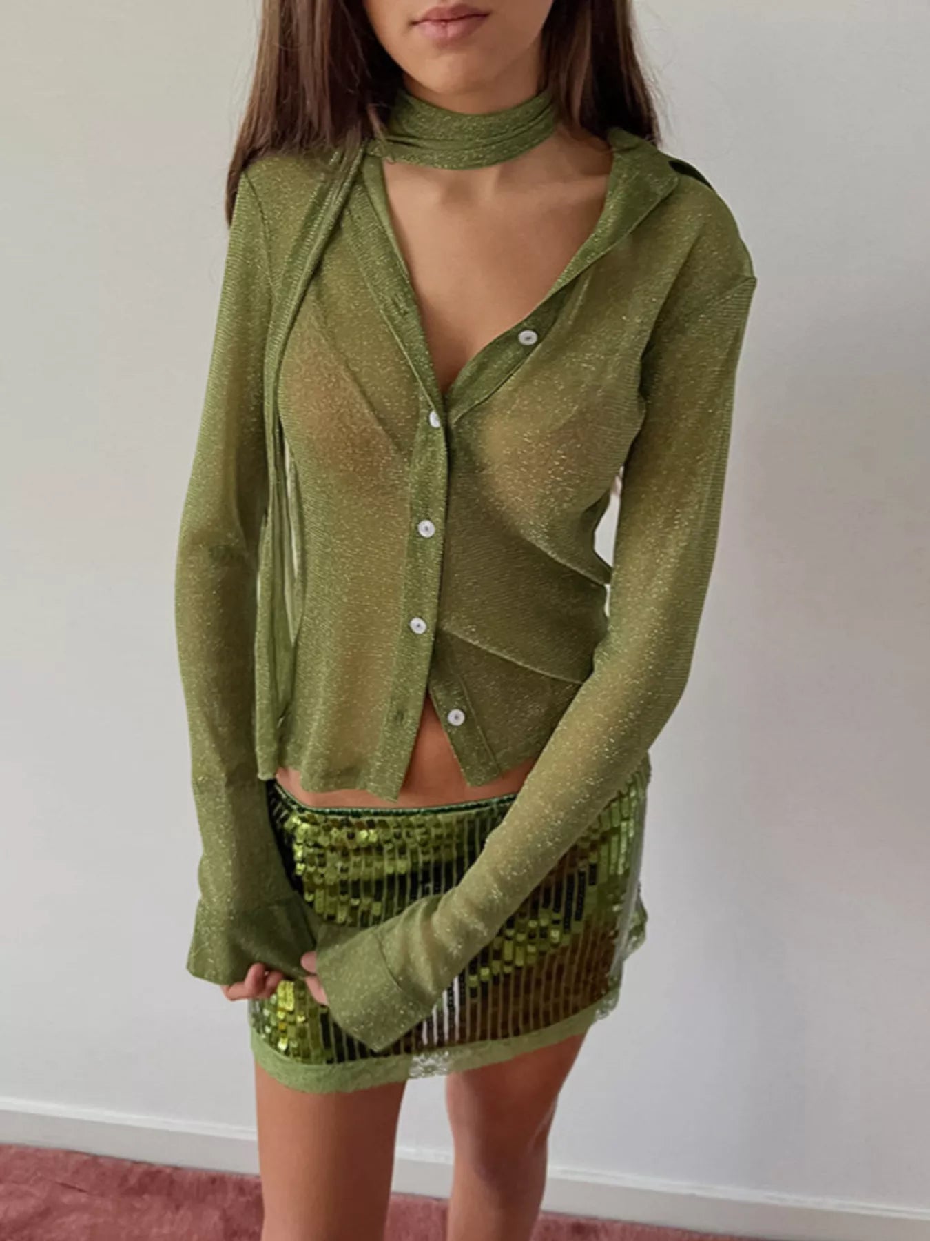 Button Down Long Sleeve Shirt with Scarf
